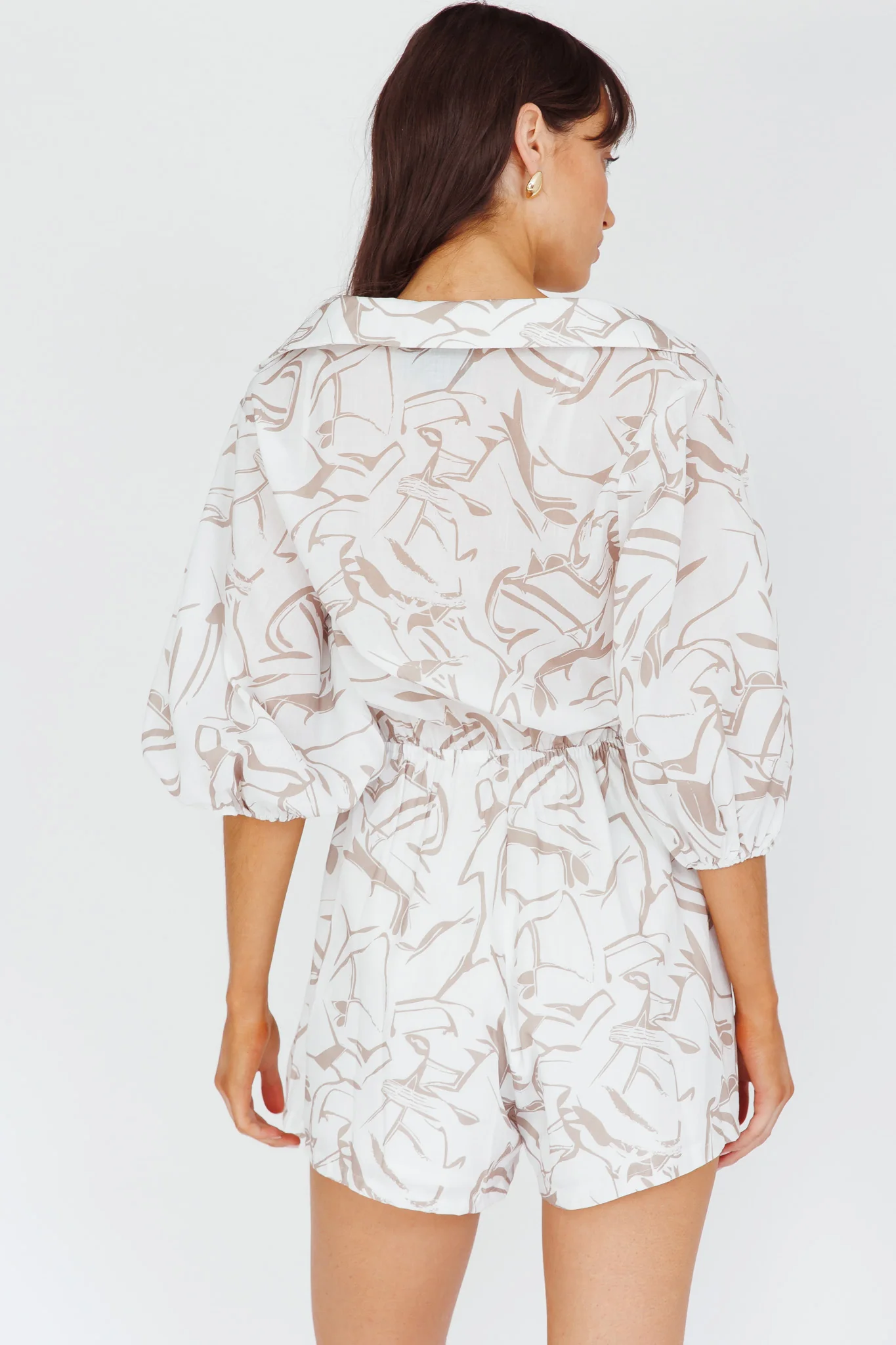 Tiki Puff Sleeve Drawstring Romper Print Beige