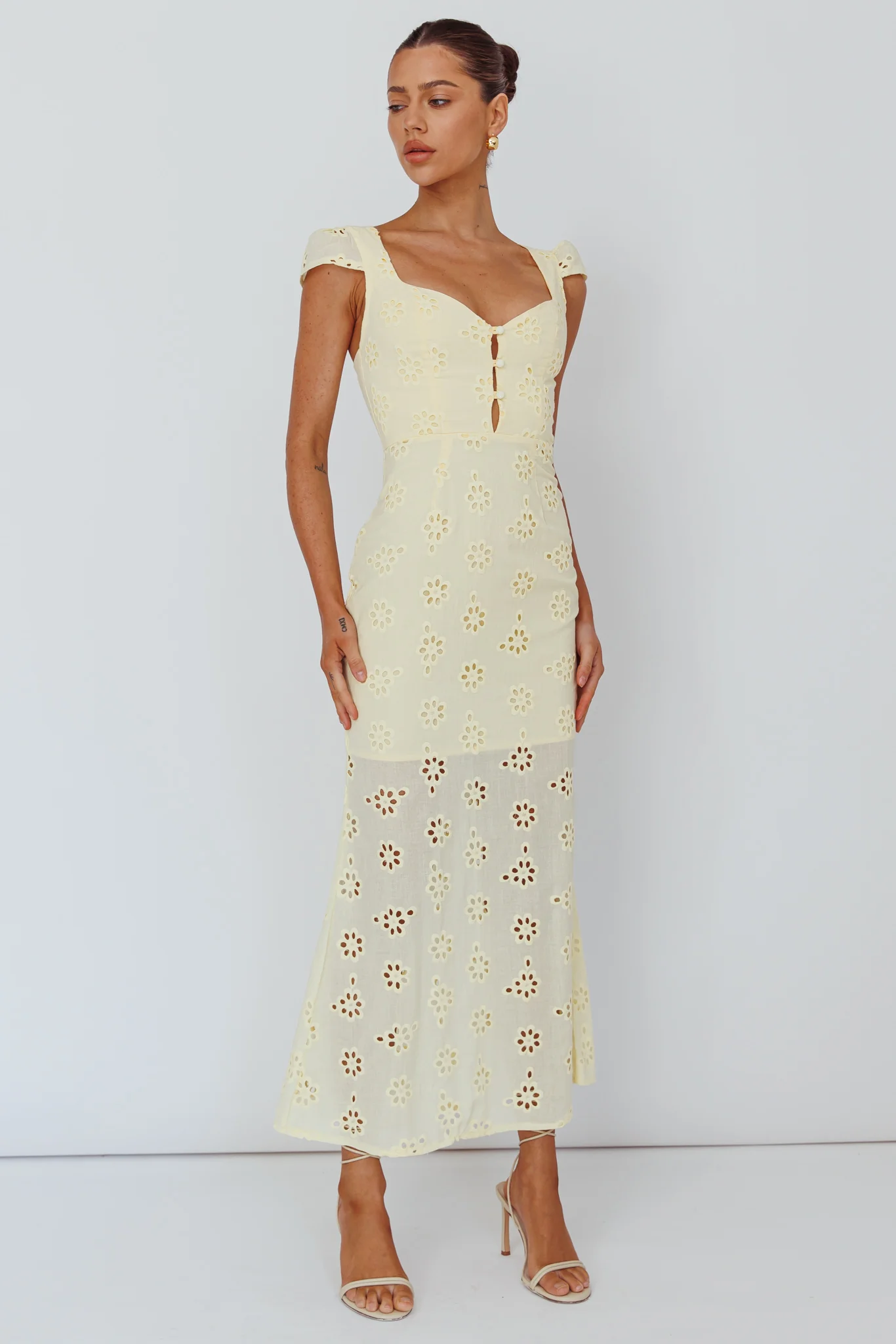 Bohemian Sun Cap Sleeve Eyelet Midi Dress Yellow