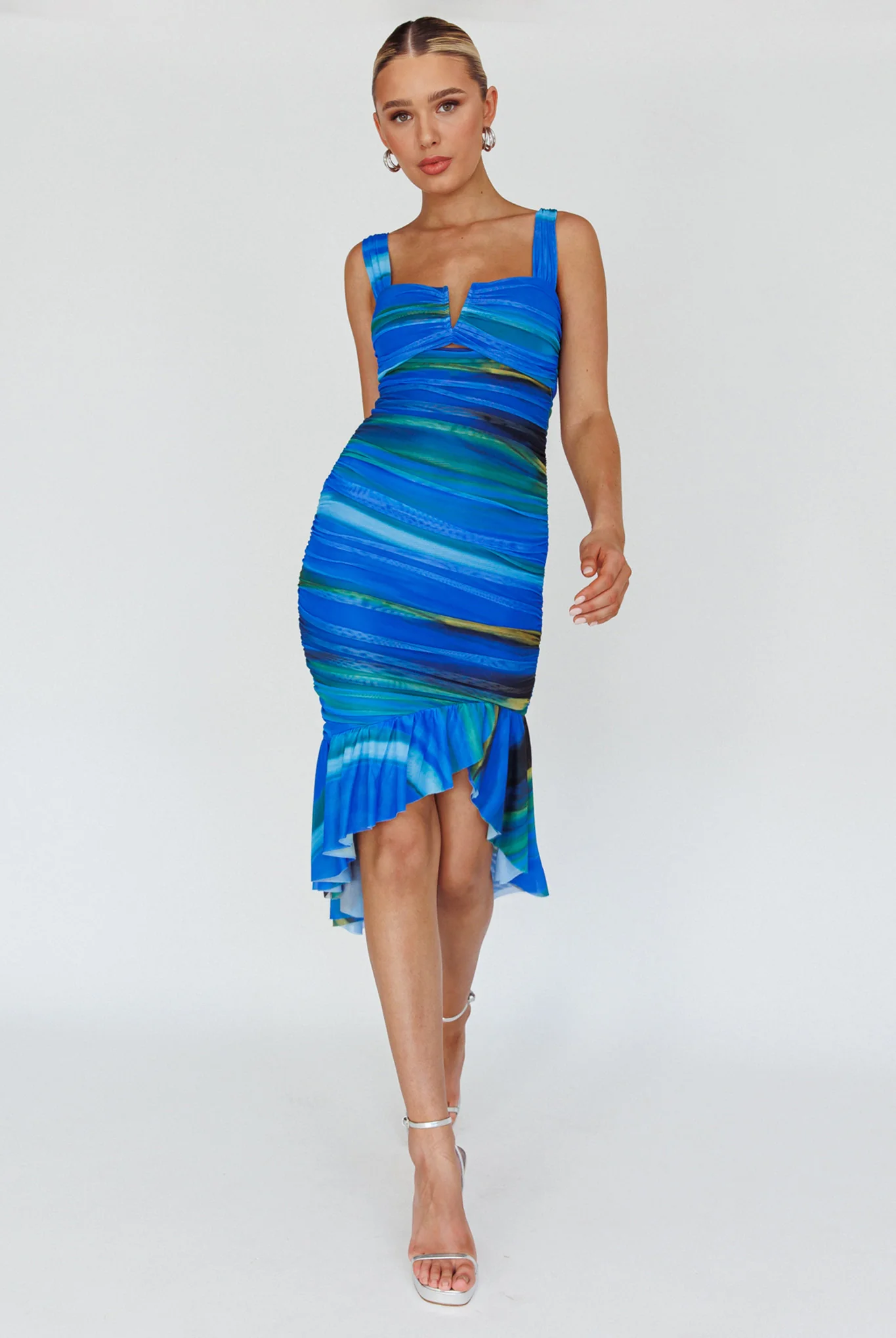 Nadia Ruched Fishtail Midi Dress Print Blue