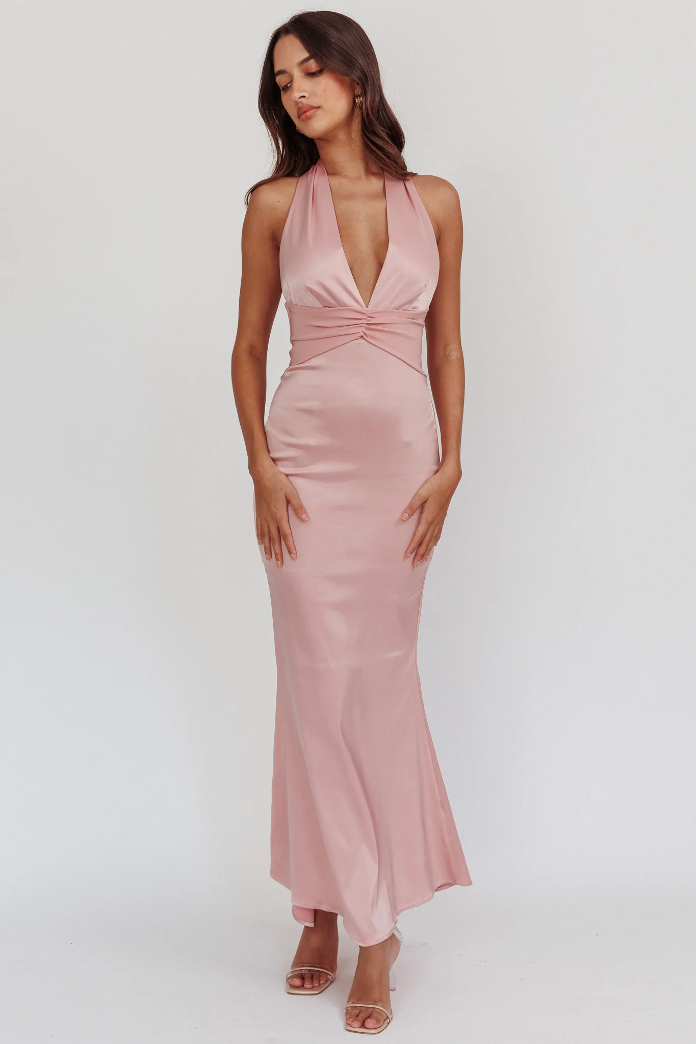 Italia Azure Pleat Bodice Halterneck Maxi Dress Blush