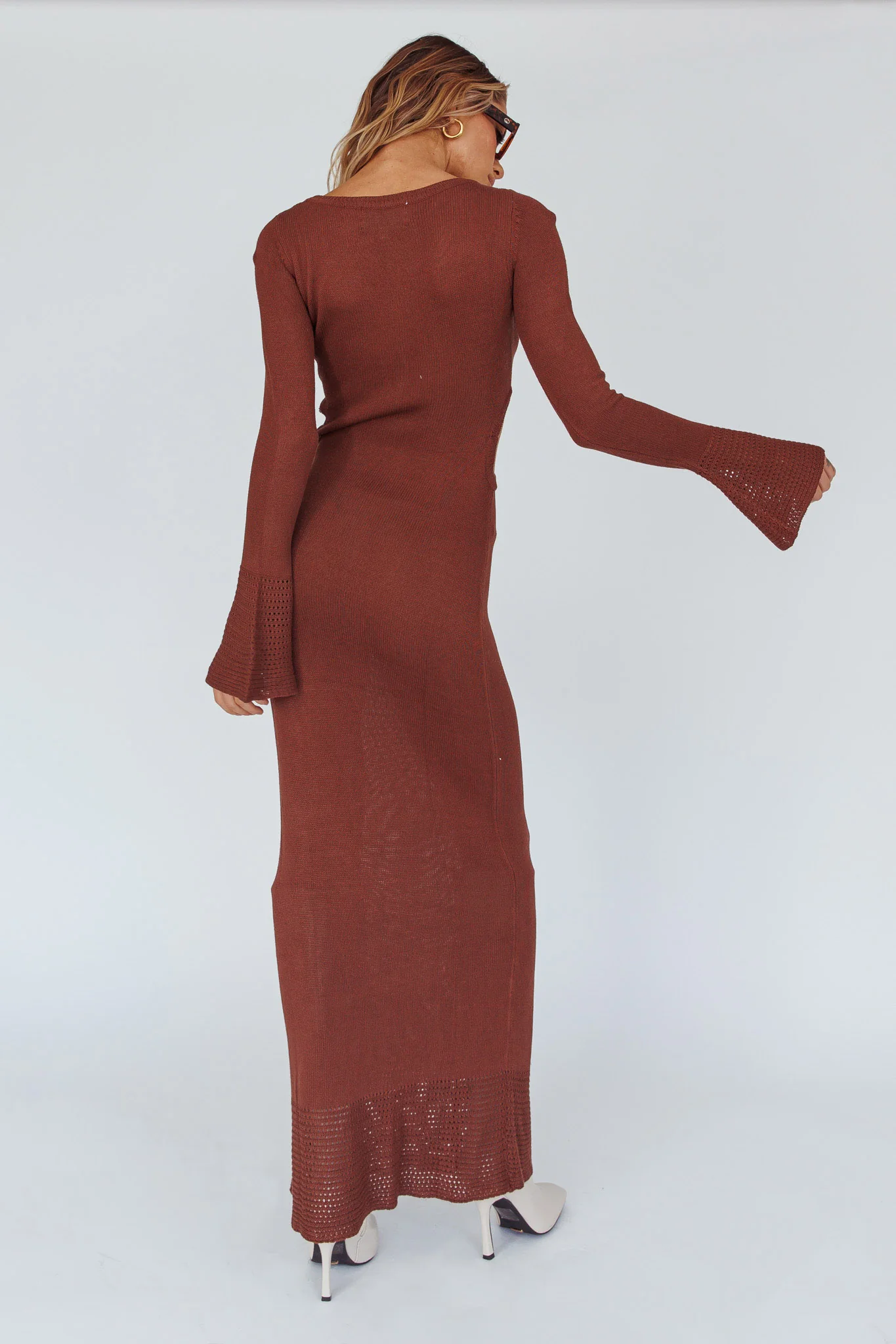 Long Sleeve Cut-Out Knit Maxi Dress Coffee