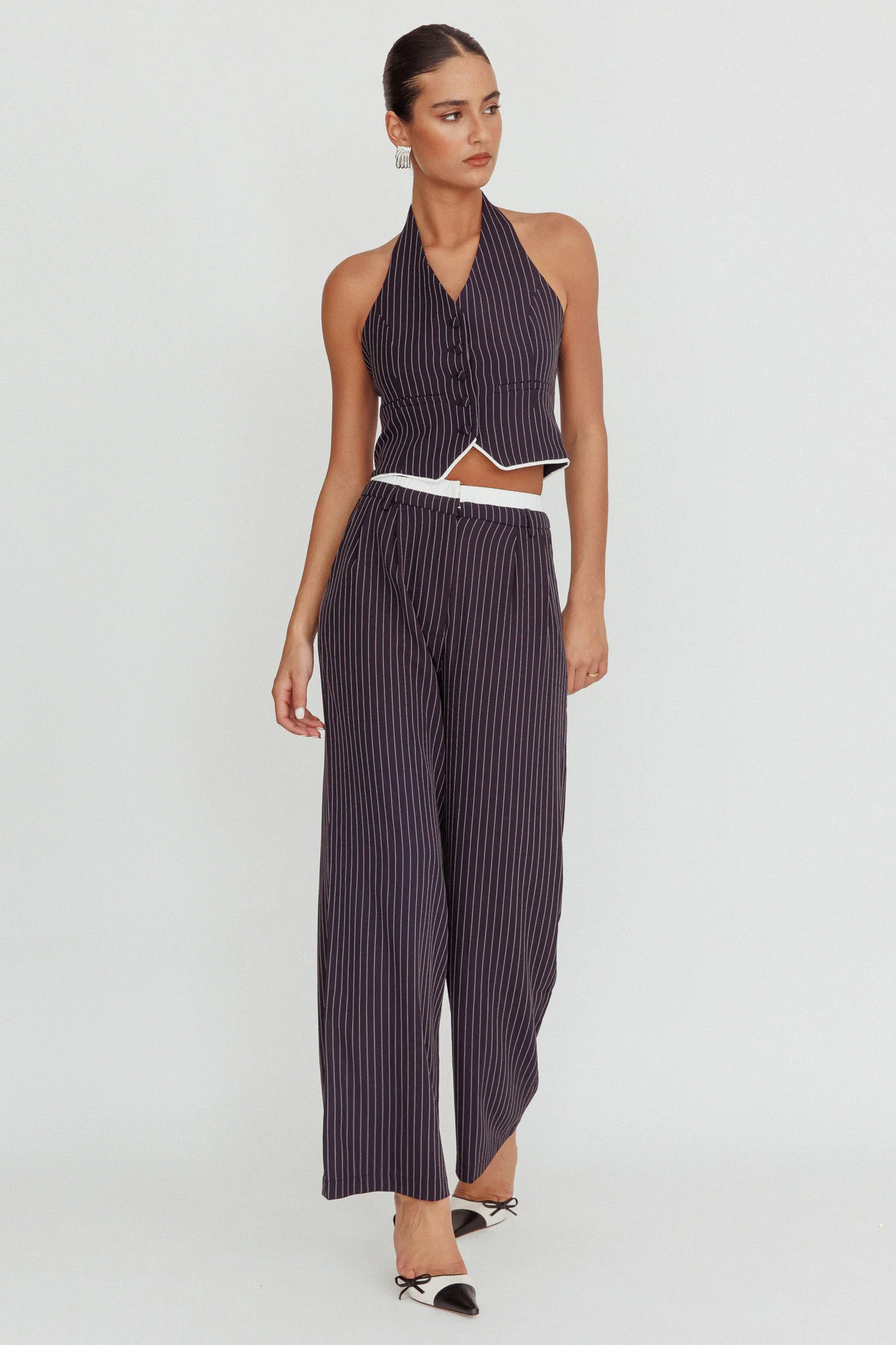 Lilija Pinstripe Double Waistband Wide-Leg Pants Navy