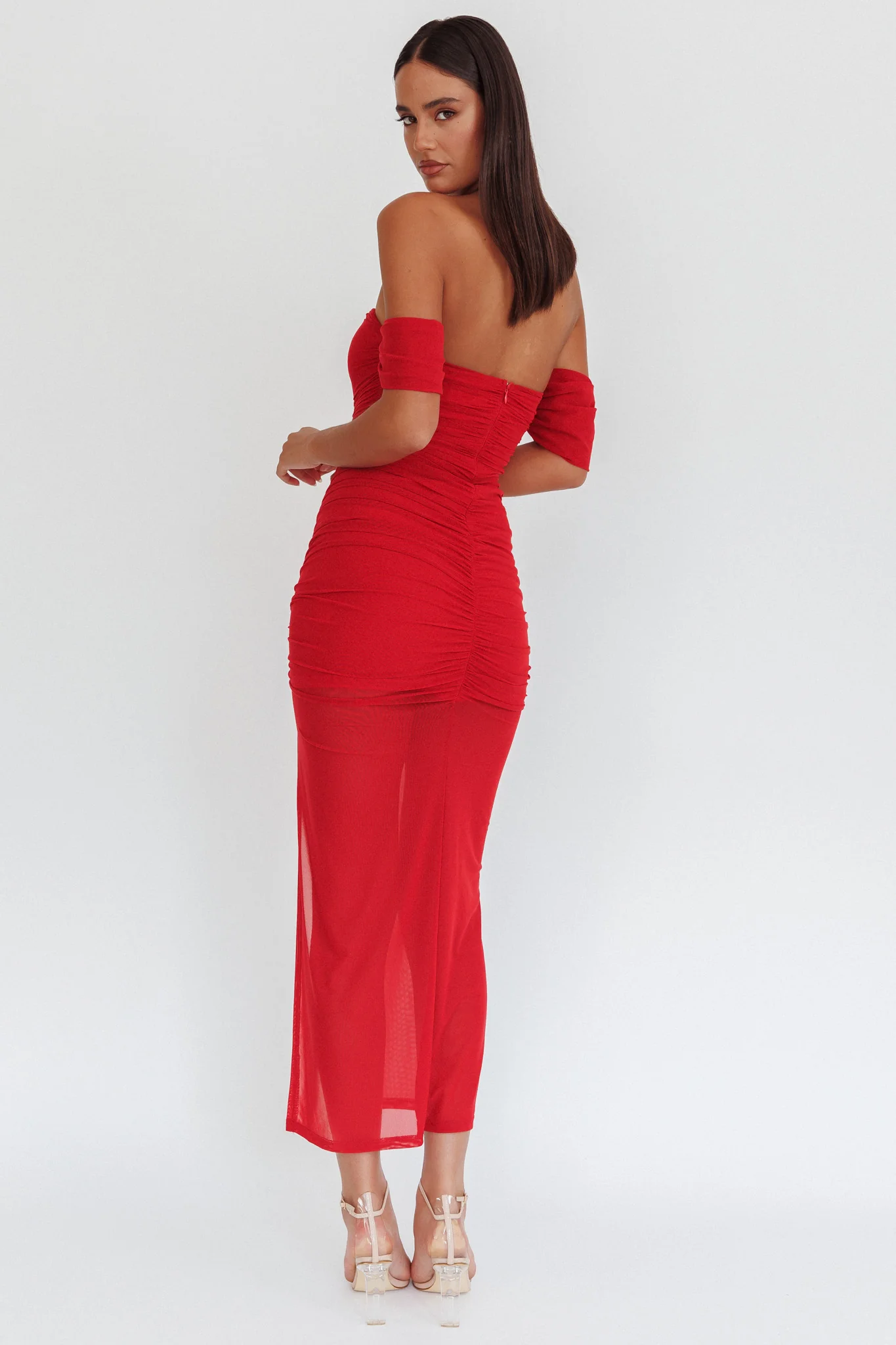 Melonie Off-Shoulder Mesh Maxi Dress Red