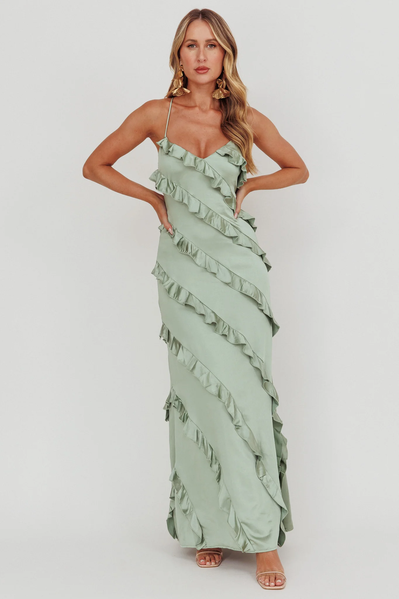Arrabel Ruffle Trim Maxi Dress Sage