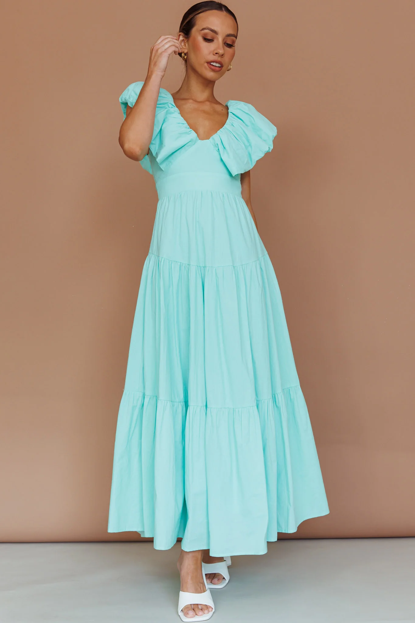 Kahlo Puffed Ruffle Neckline Maxi Dress Mint