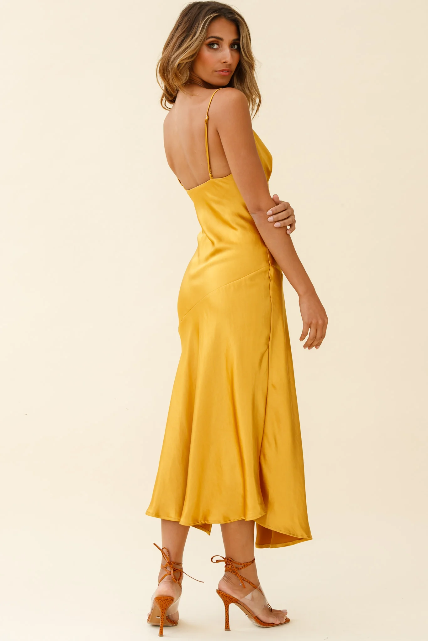 Downtown Cami Strap Front Split Midi Dress Mustard