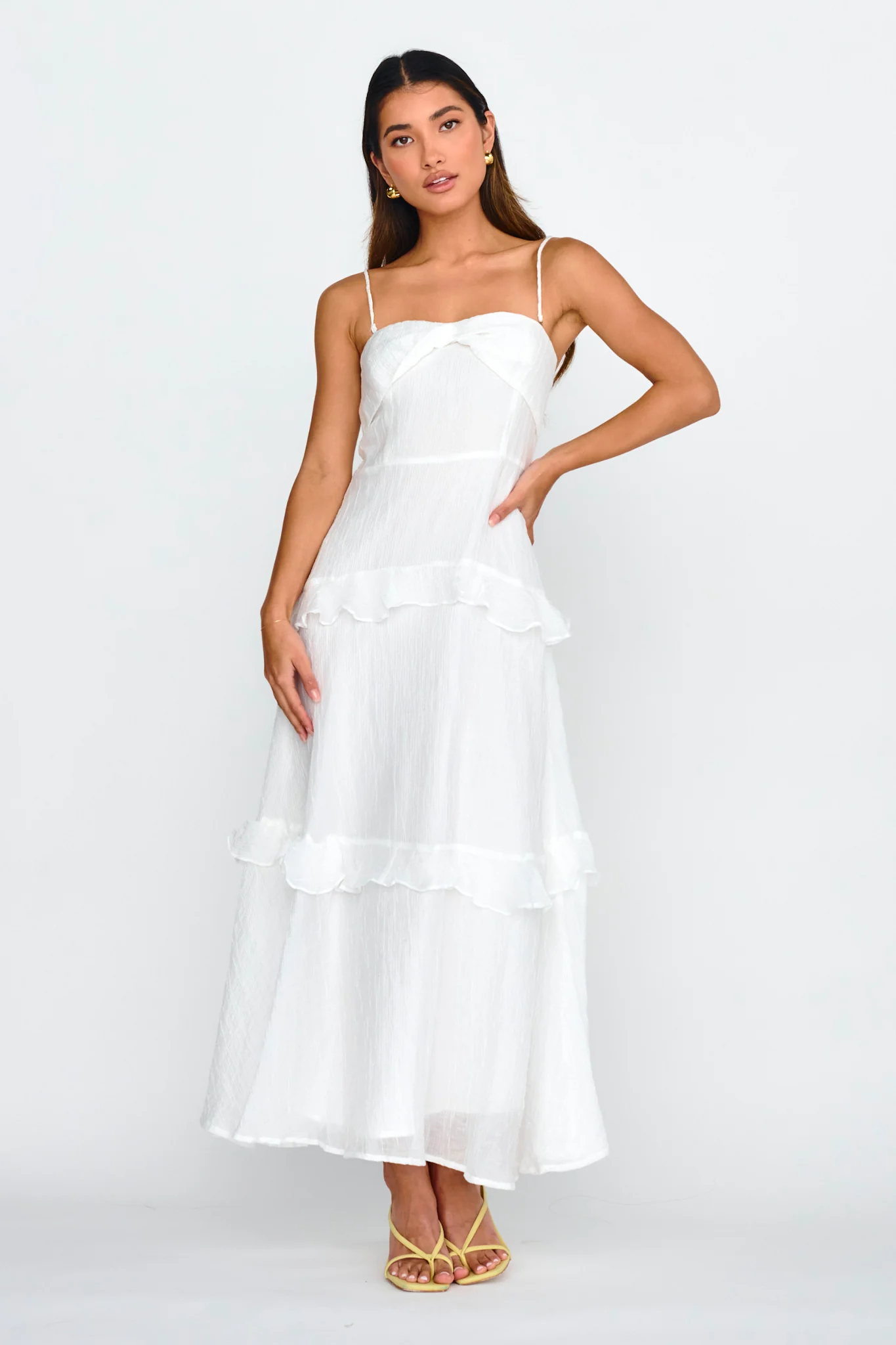 Rise & Glow Frill Trim Textured Midi Dress White