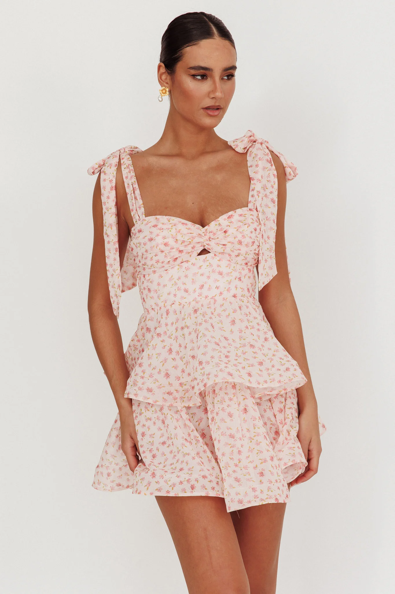 Oliana Tied Shoulder Tiered Mini Dress Peach