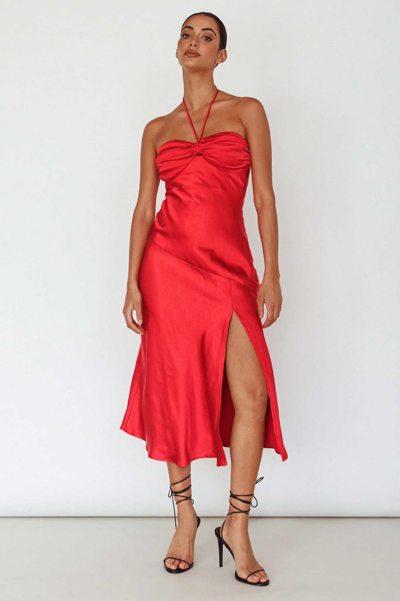 Kindred Spirit Strapless Gathered Bust Midi Dress Red