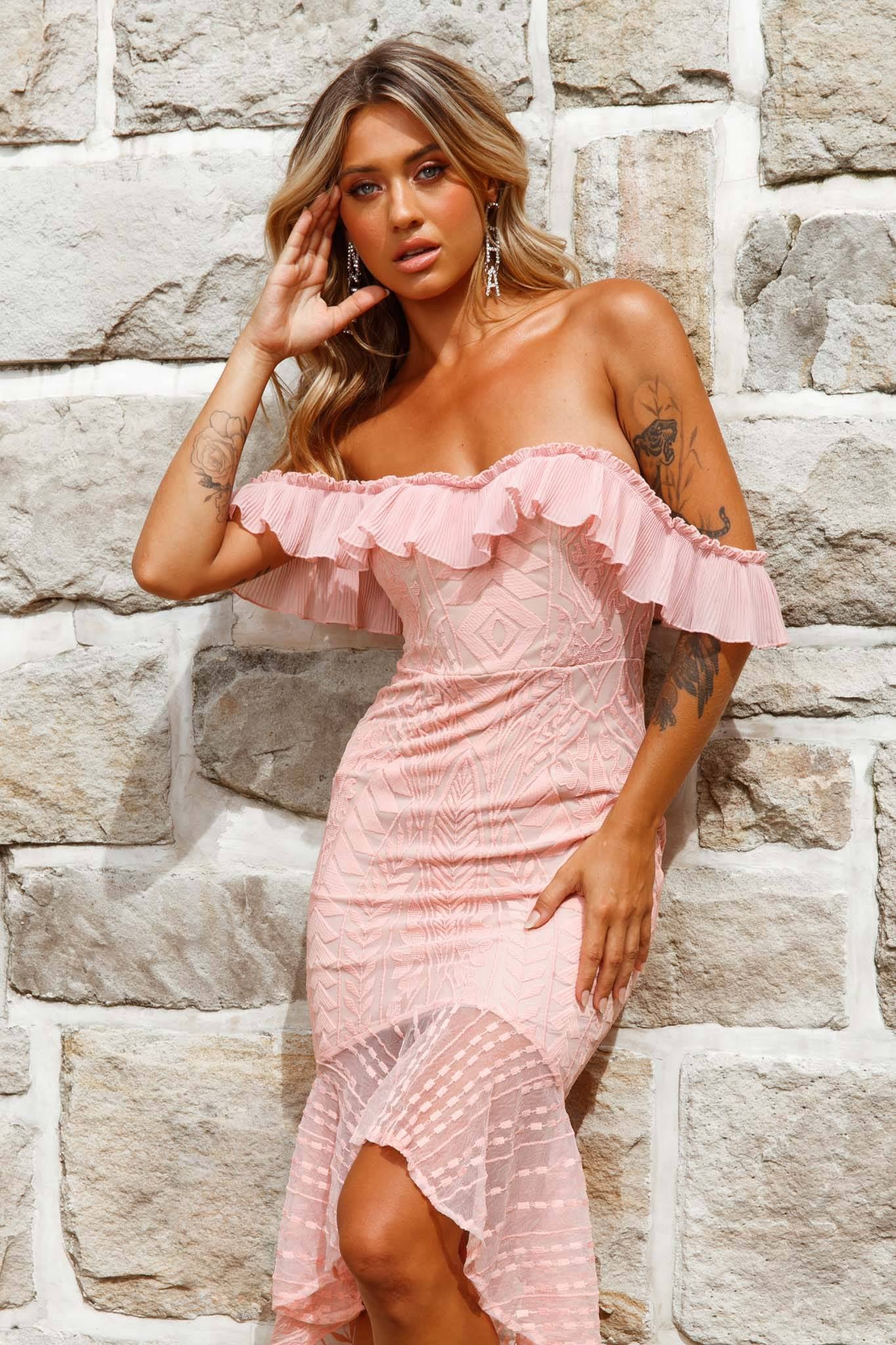 Dreamy Off-Shoulder High-Low Hem Dress Blush