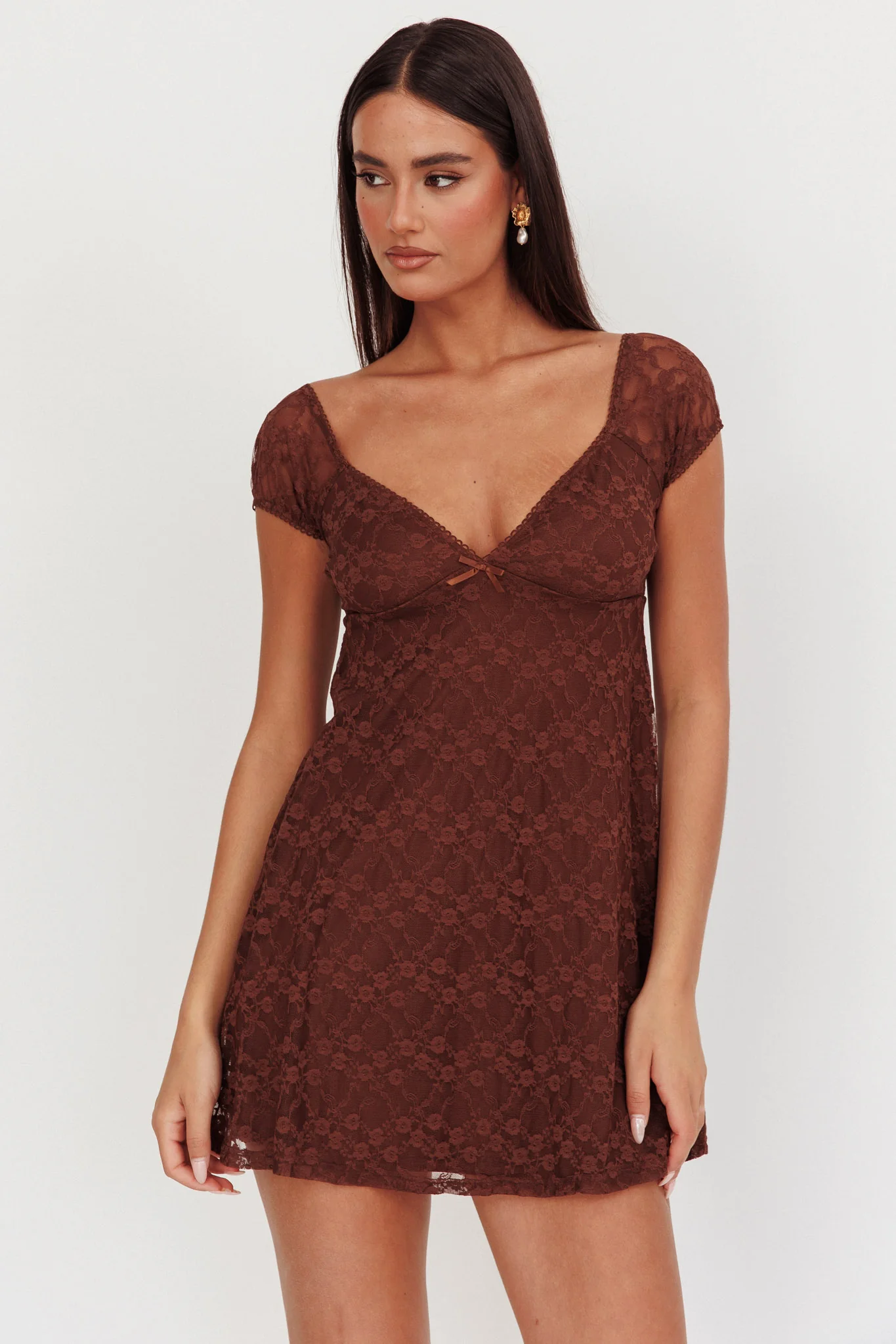 Shadows Lace Overlay Mini Dress Brown