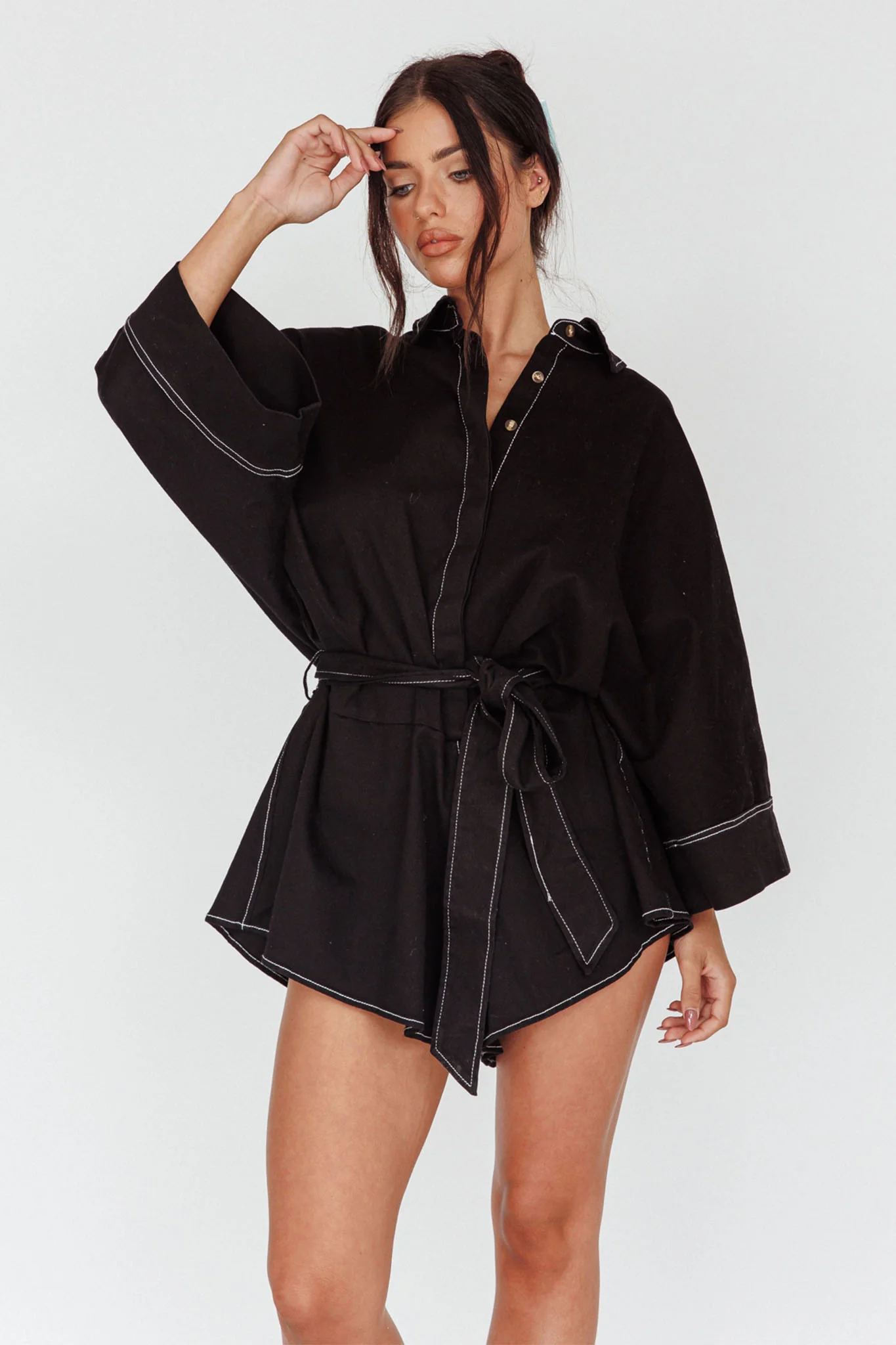 Daytona Beach Long Sleeve Shirt Romper Black