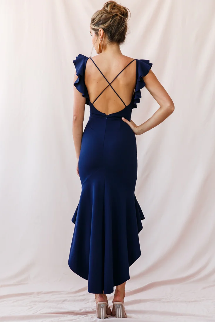 Pearl Ruffle Strap High-Low Hem Dress Navy