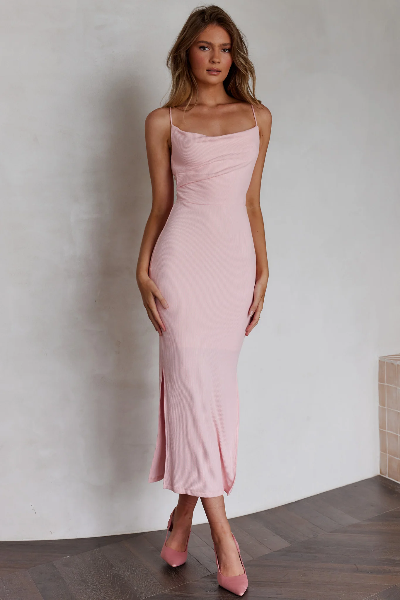 Frieda Cowl Neck Side Split Ribbed Midi Dress Blush