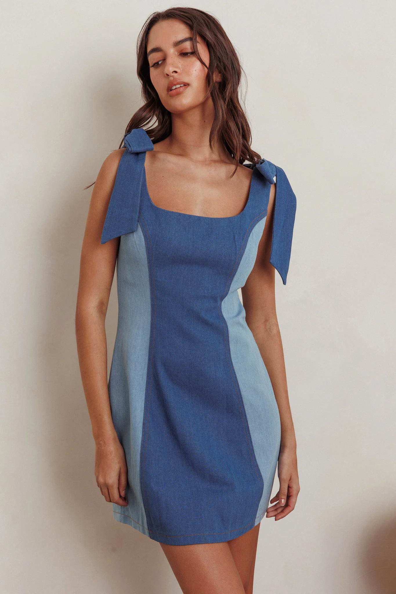 Kiss City Tied Shoulders Contrast Mini Dress Denim