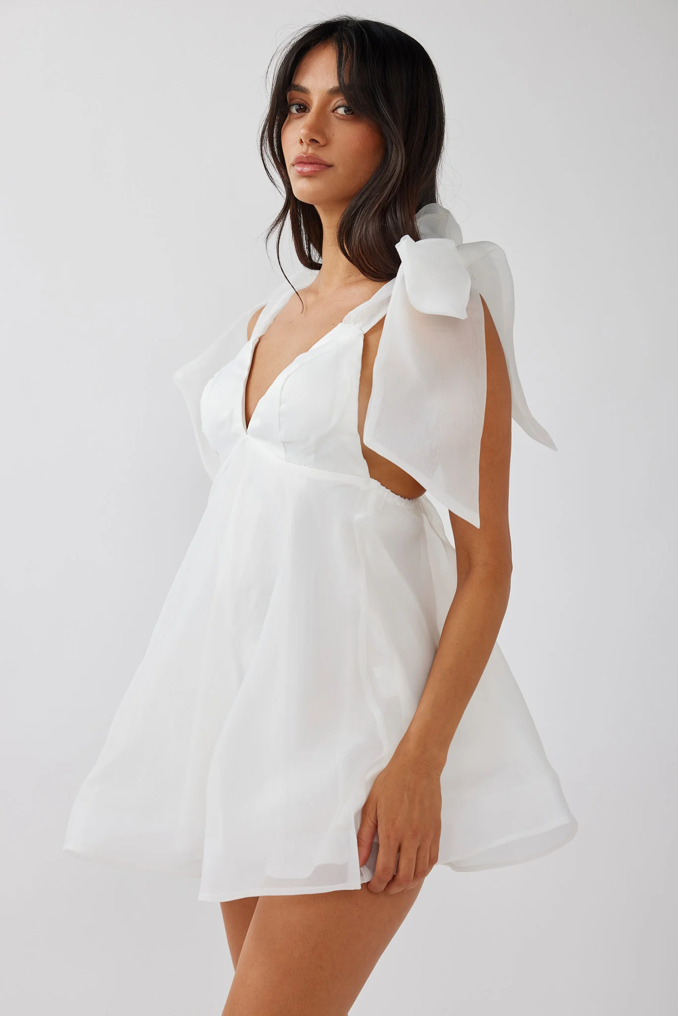 Chantilly Tied Shoulder Mini Dress Solid White