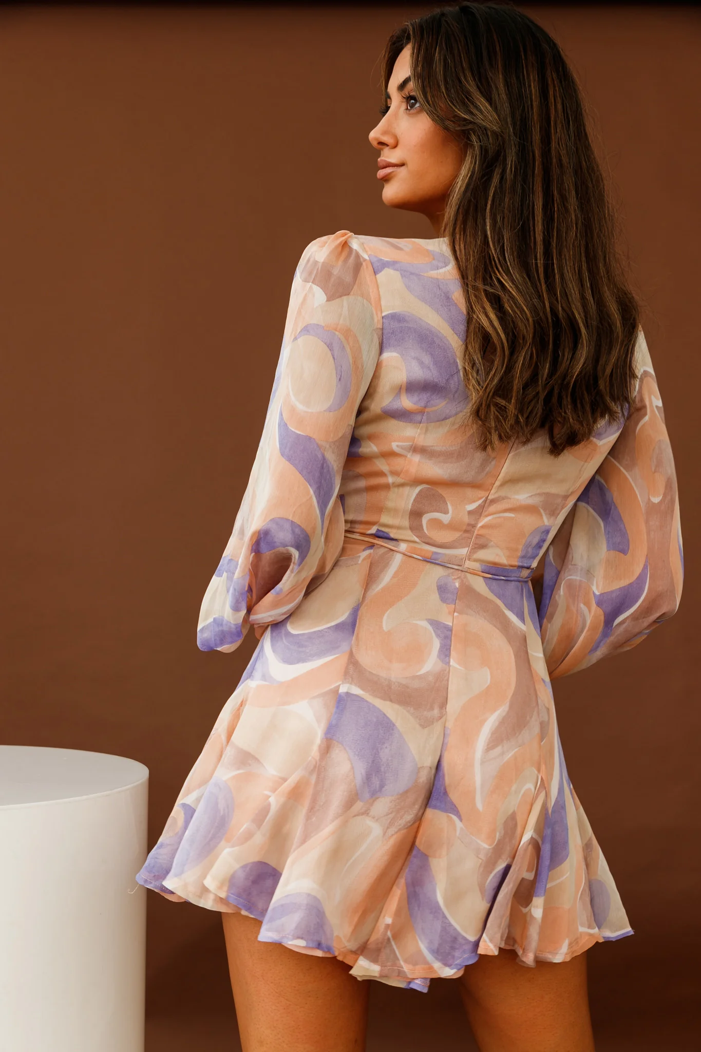 Estelle Long Sleeve V-Neckline Dress Swirl Print Nude/Purple