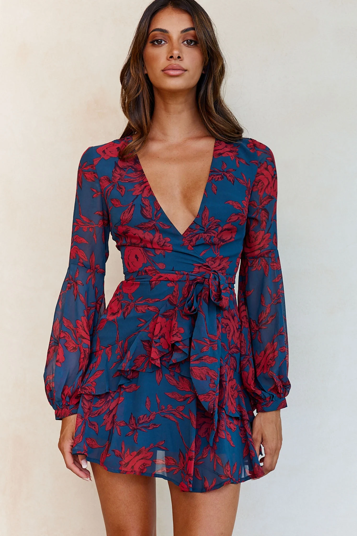 Kerry Layered Balloon Sleeve Dress Forest Green/Red