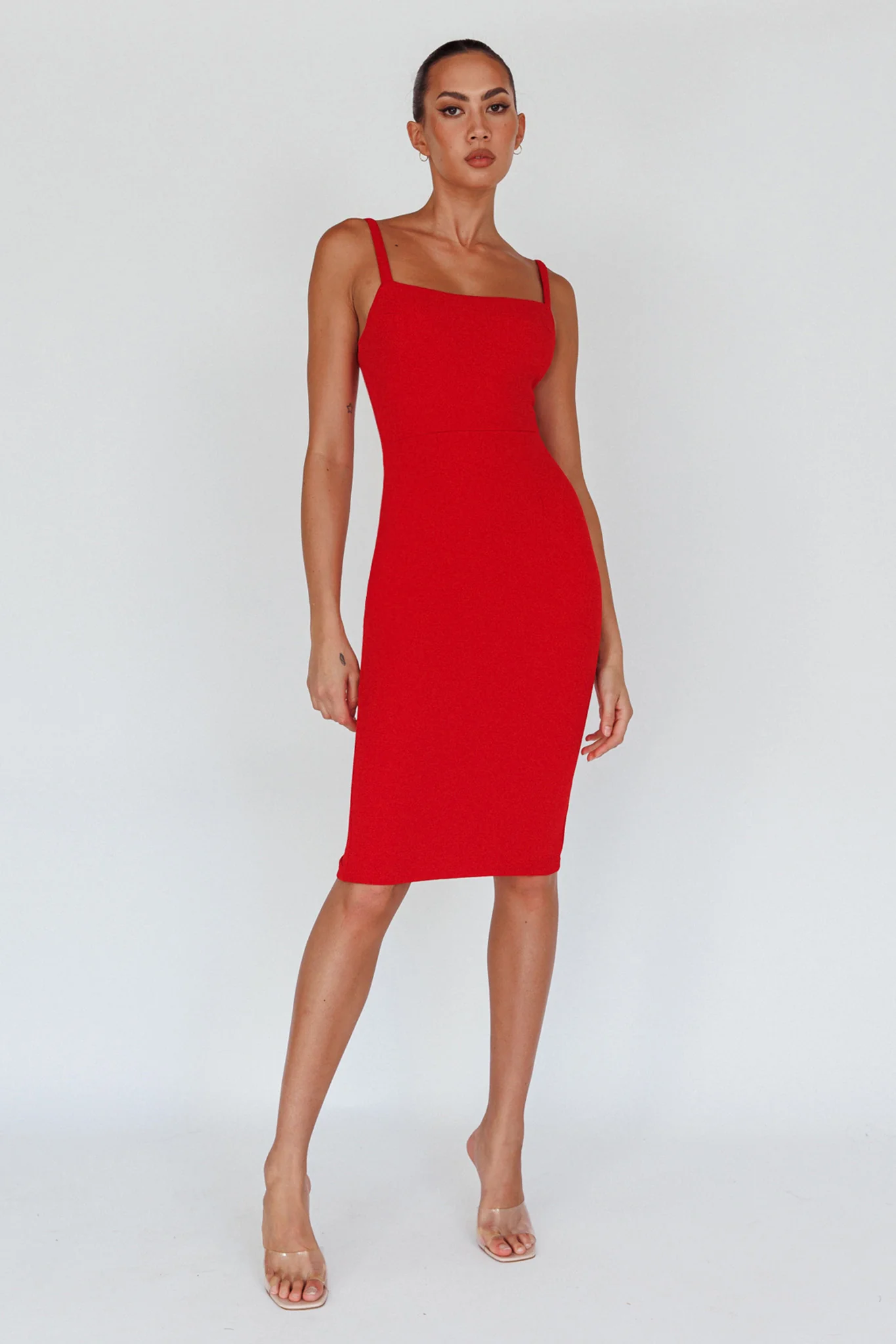 Georgia Square Neckline Midi Dress Red