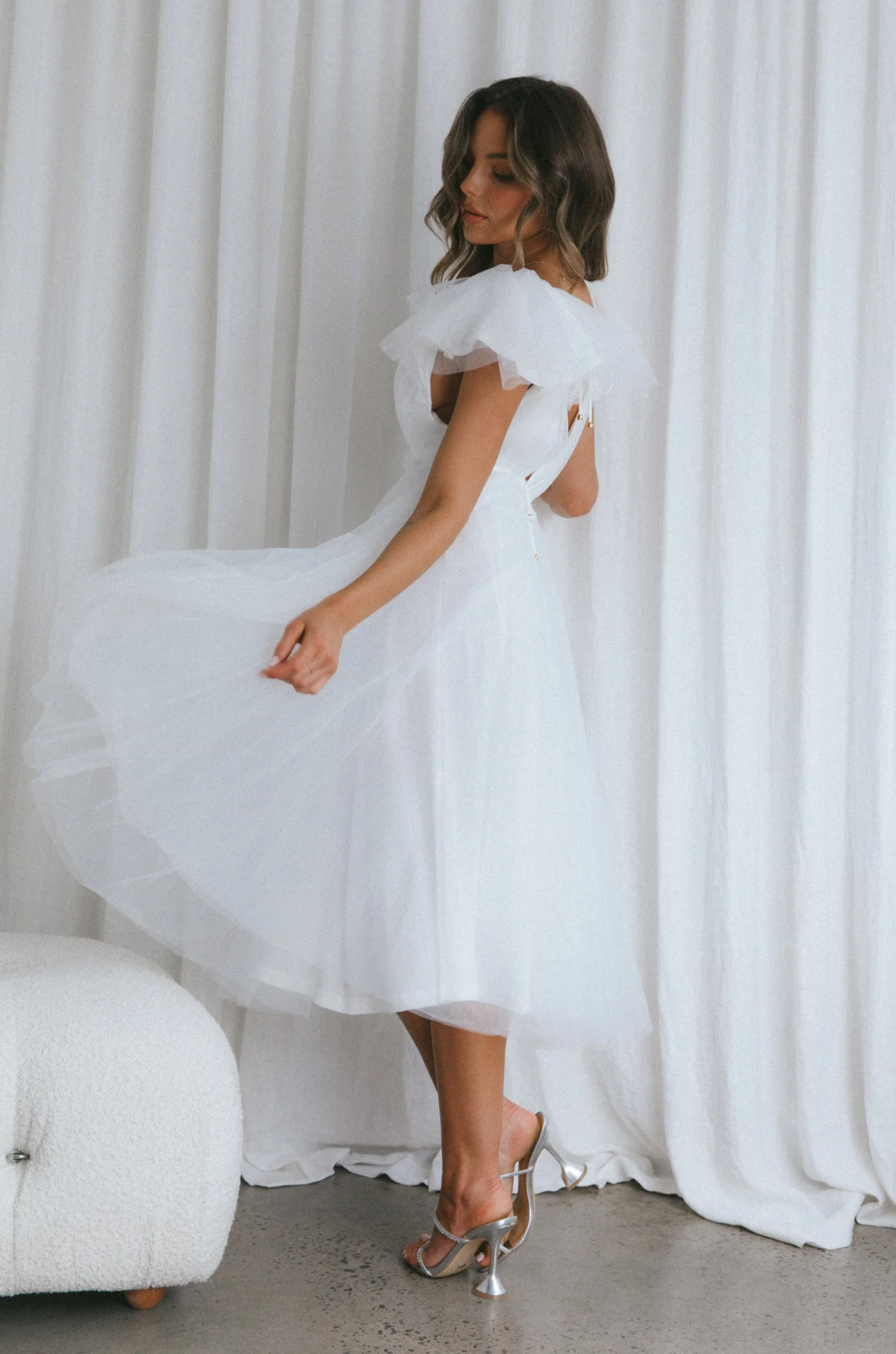 Leap Of Faith Frill Shoulder Tulle Midi Dress White