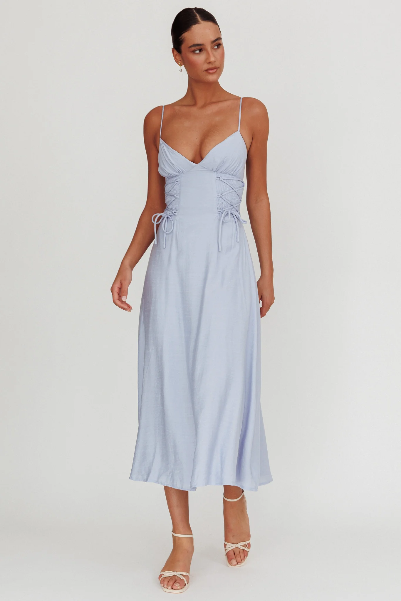 Kalaya Lace-Up Waist Midi Dress Light Blue