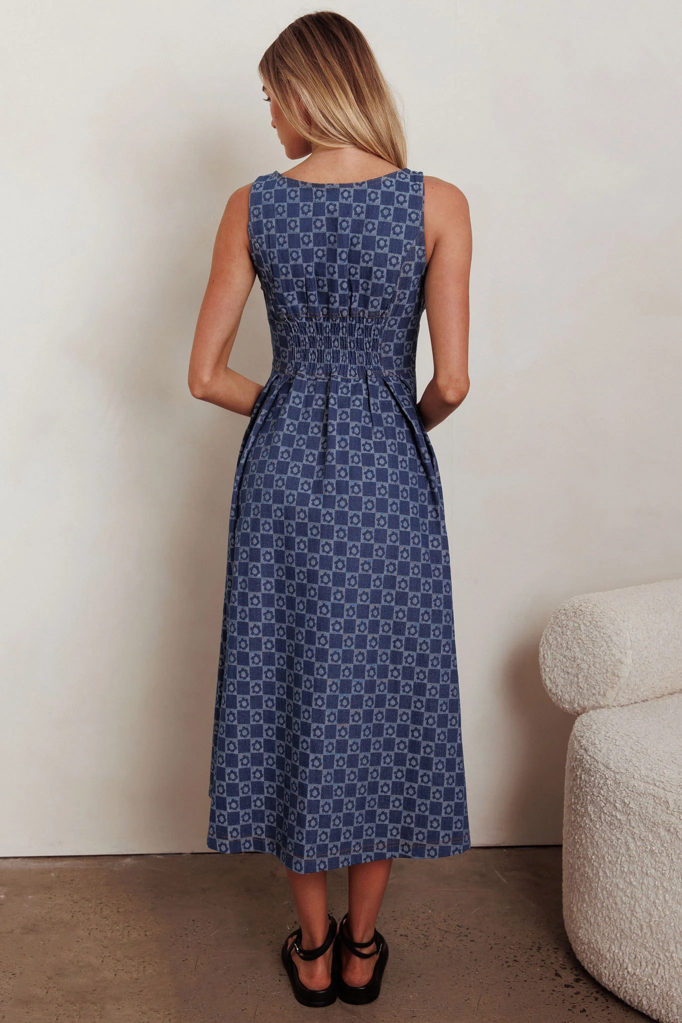 Hair Down Square Neck A-Line Midi Dress Floral Denim