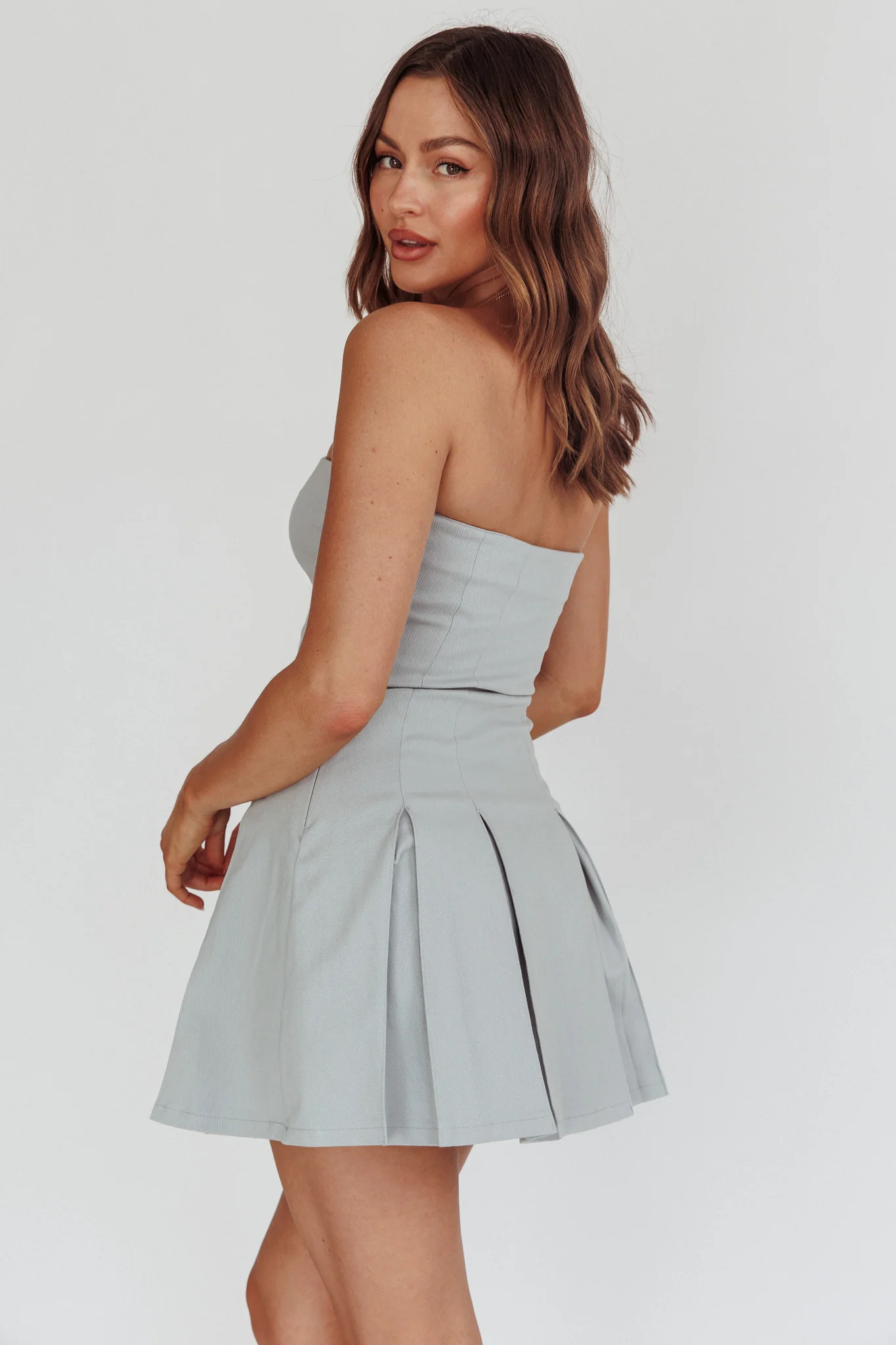 Jeziah Strapless Box Pleat Mini Dress Light Denim