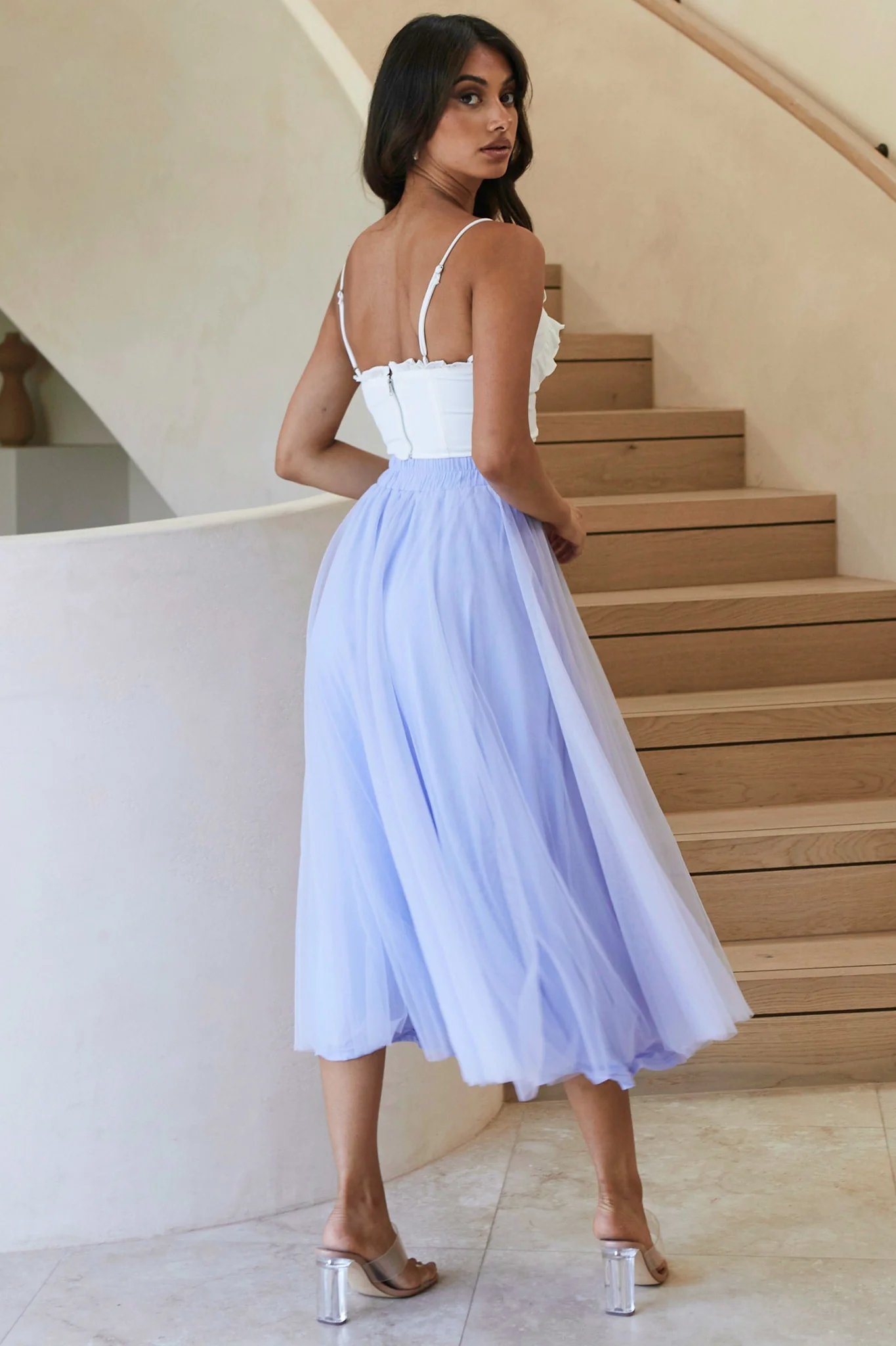 Jasmine Organza Mesh Elasticated Waist Midi Skirt Lavender