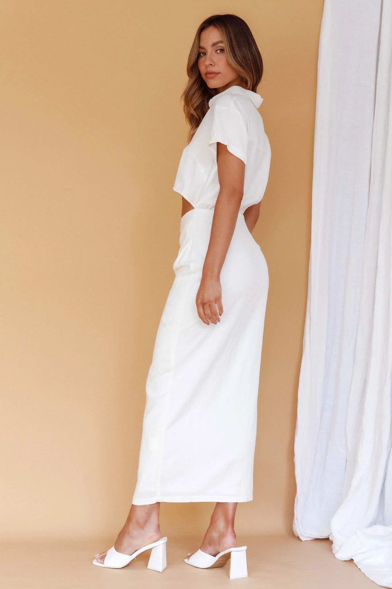 Cool It Cut-Out Waist Button Midi Dress Bone