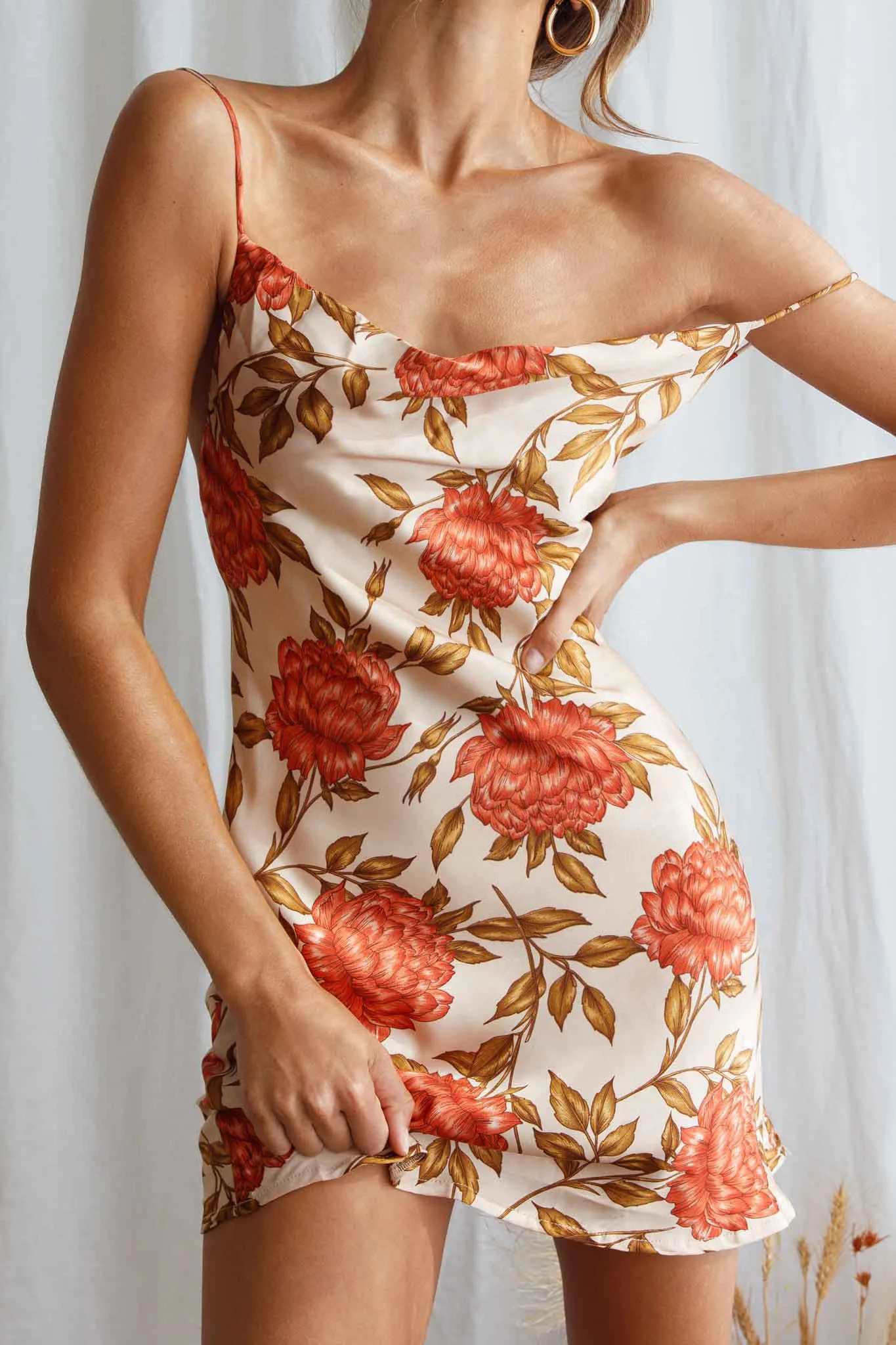 Show Me Love Cowl Neck Mini Dress Red Flower Print Beige