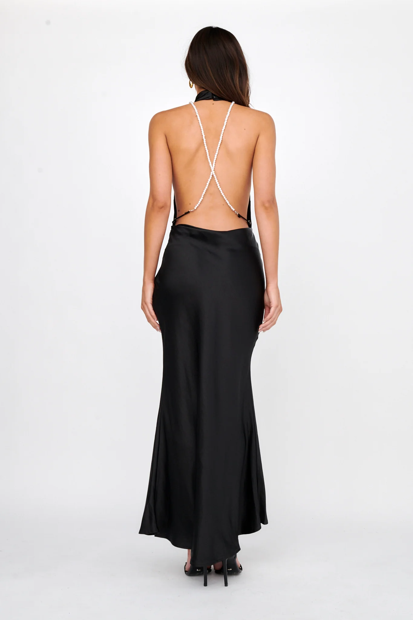 Italia Azure Halterneck Pearl Back Maxi Dress Black