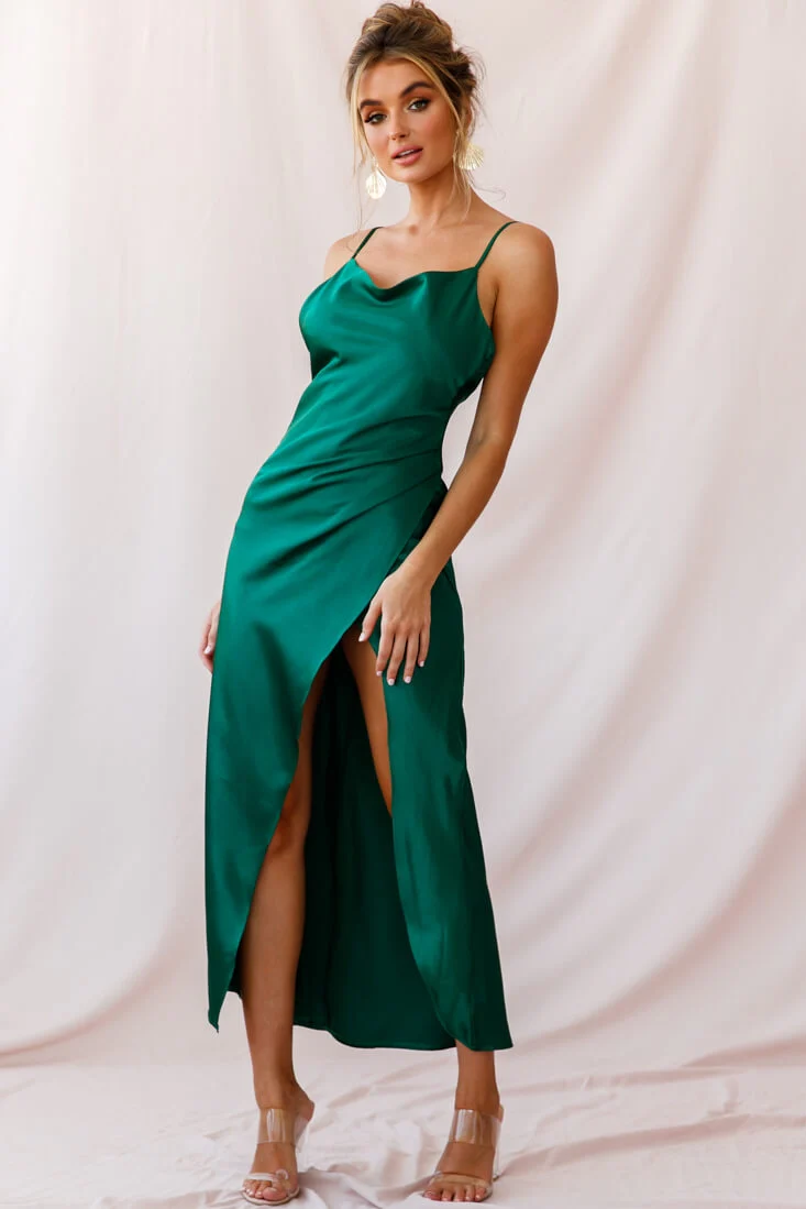 Hey Girl Long Satin Cowl Neck Dress Forest Green