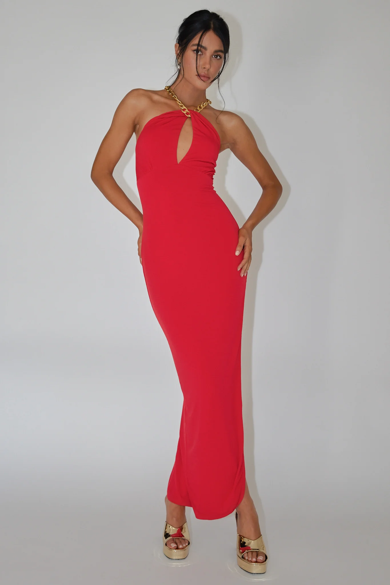 Slow Dance Chain Halter Midi Dress Red