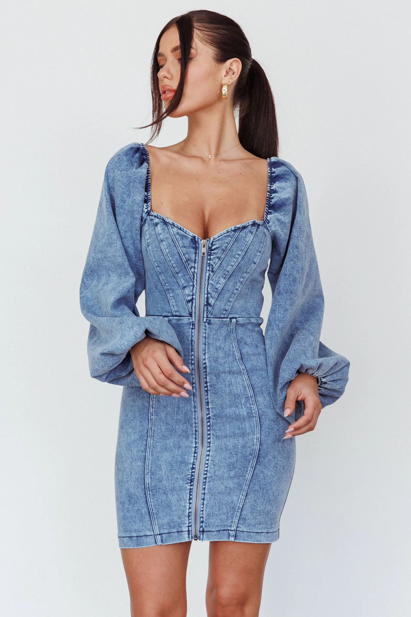 Tasmyn Balloon Sleeve Zipper Mini Dress Denim