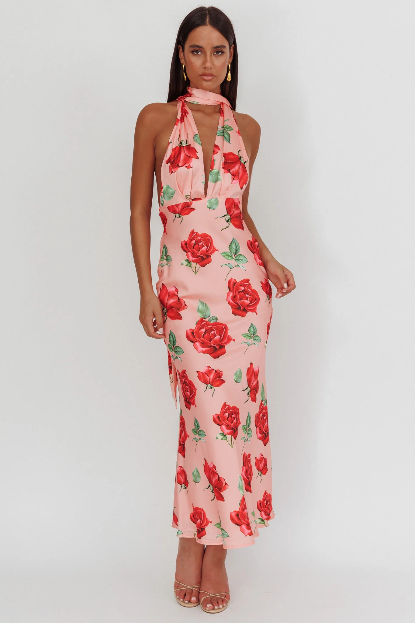 Italia Azure Halterneck Maxi Dress Rose