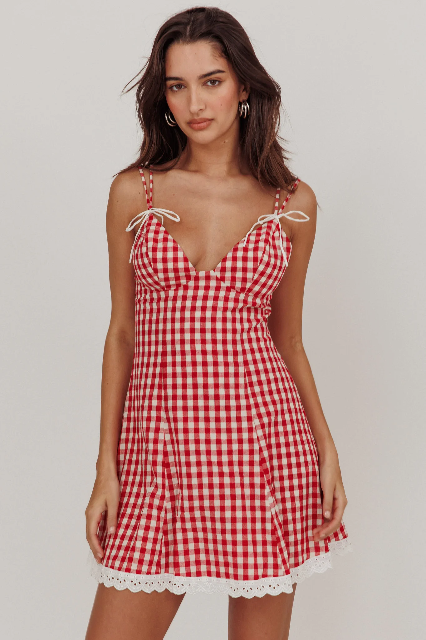 Noelle Lace Trim Mini Dress Gingham Red