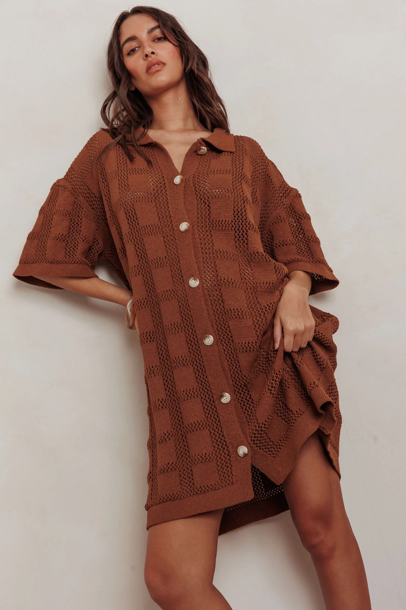 Best Friend Knit Shirt Dress Chocolate