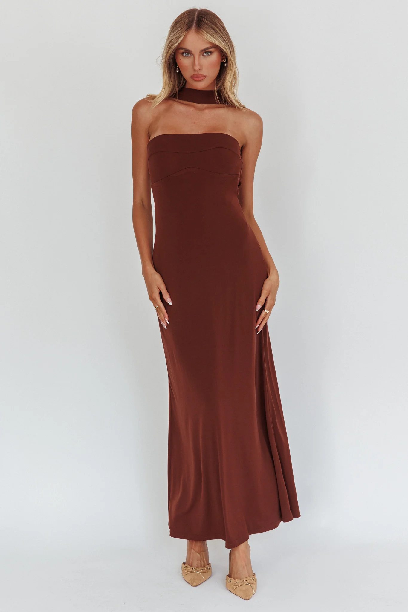 Damsel Reverse Halter Maxi Dress Chocolate