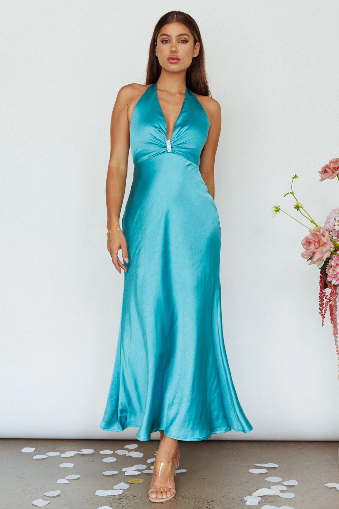 Oasis Diamante Halterneck Maxi Dress Turquoise