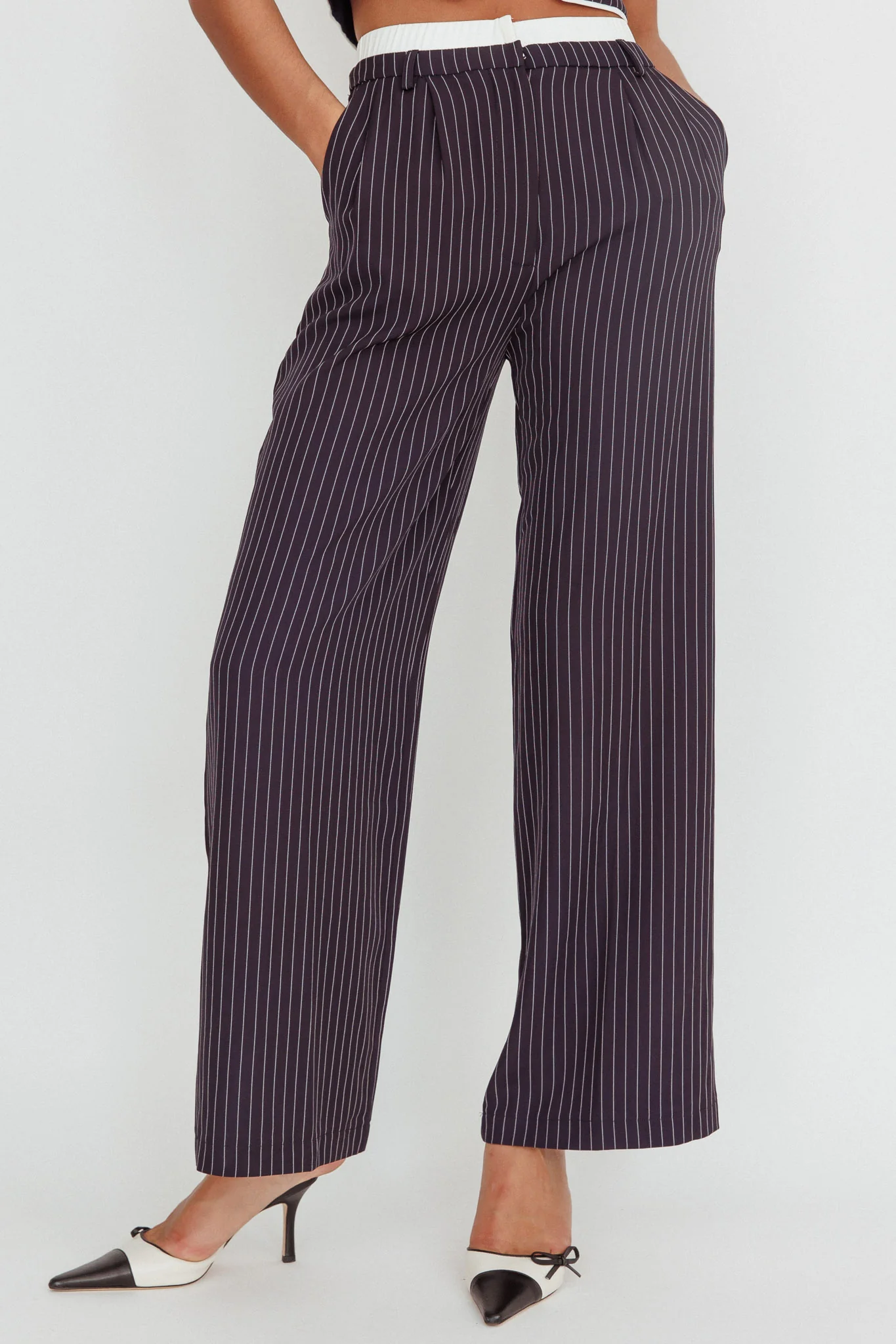 Lilija Pinstripe Double Waistband Wide-Leg Pants Navy