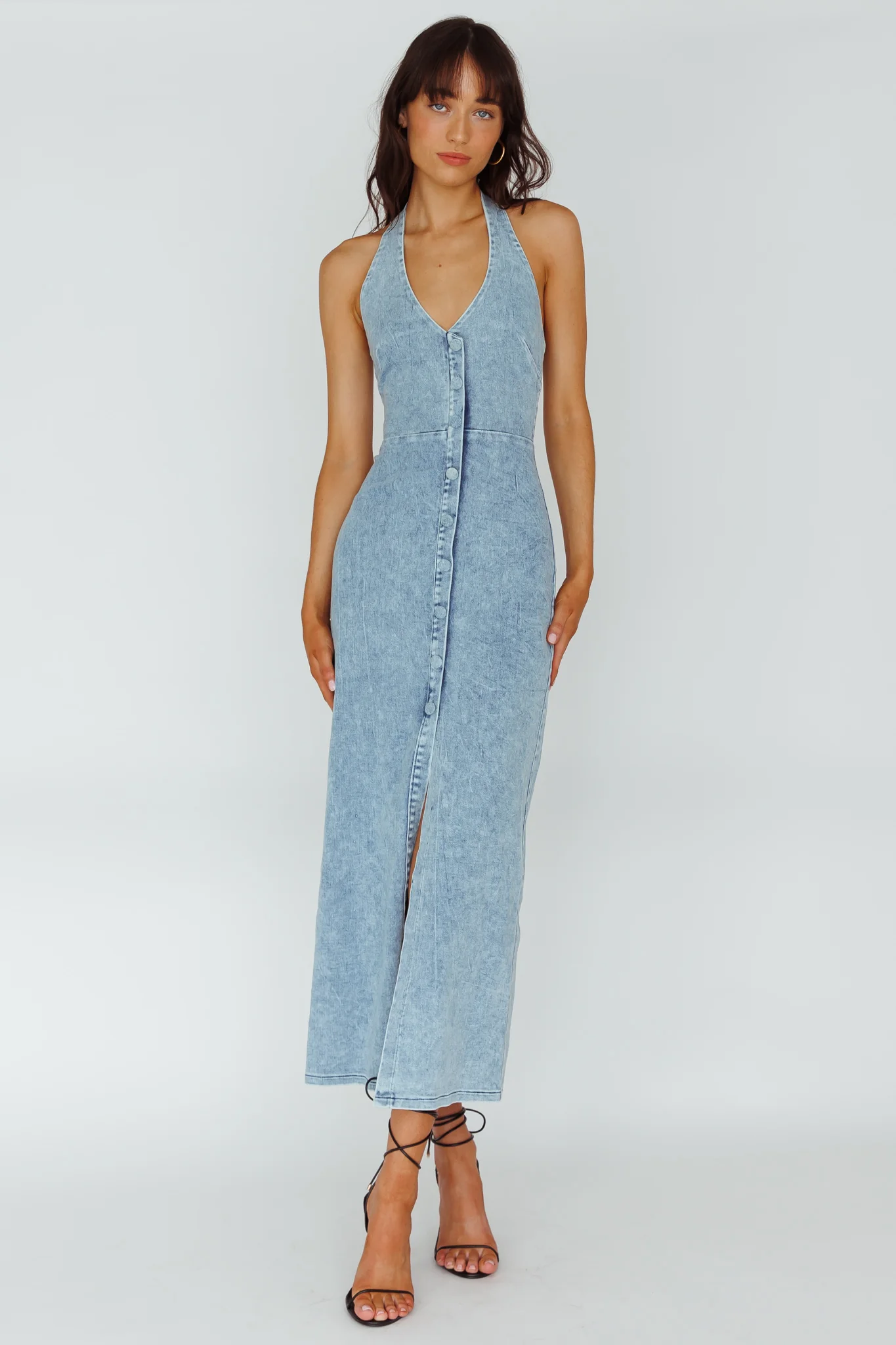 Renita Halterneck Button Maxi Dress Denim Blue