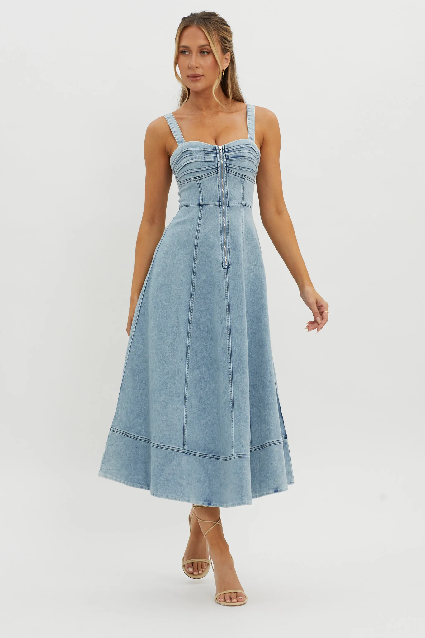 Emilio Pleated Bust A-Line Midi Dress Denim Blue