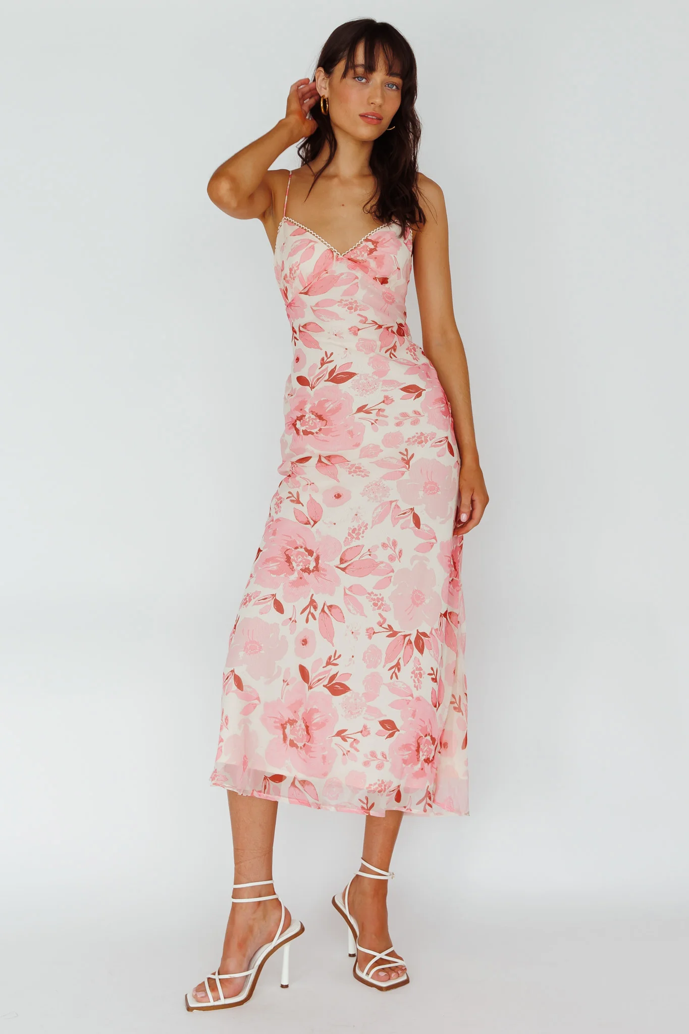 Egypt Cami Strap Midi Dress Floral Pink
