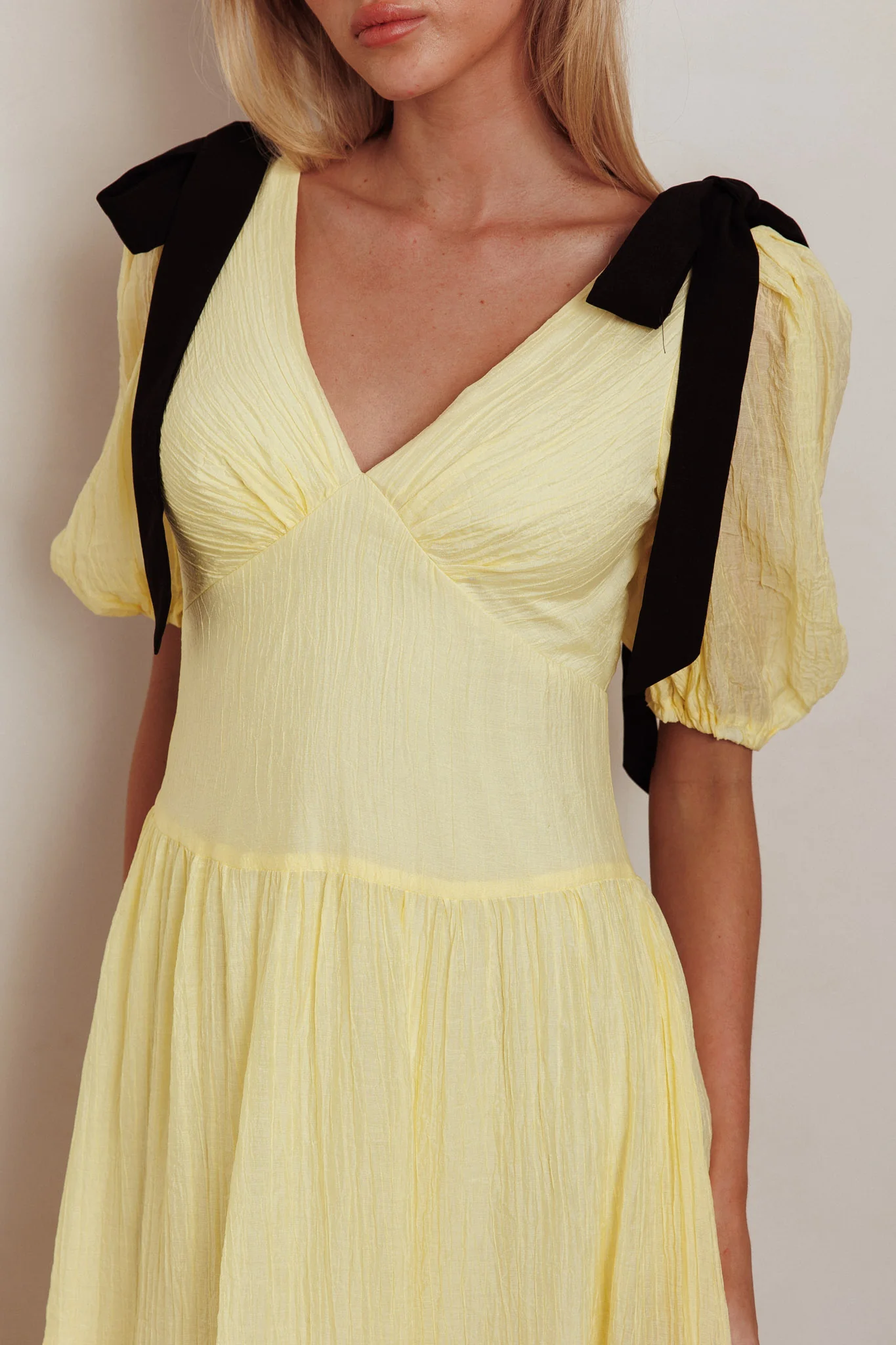 Sinta Bow Shoulder Puff Sleeve Maxi Dress Lemon