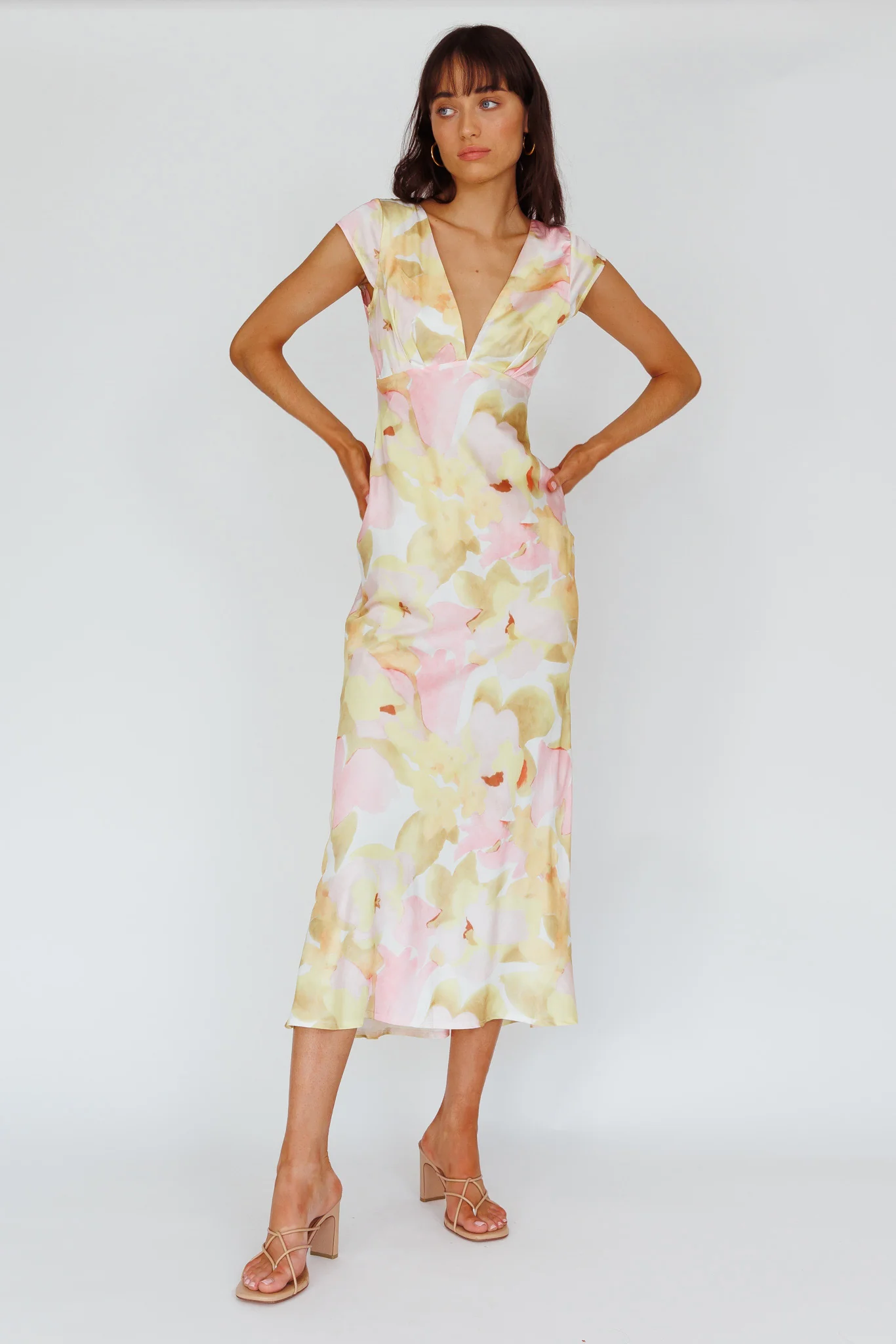 Lucinda Cap Sleeve Twist Back Midi Dress Flower Pink