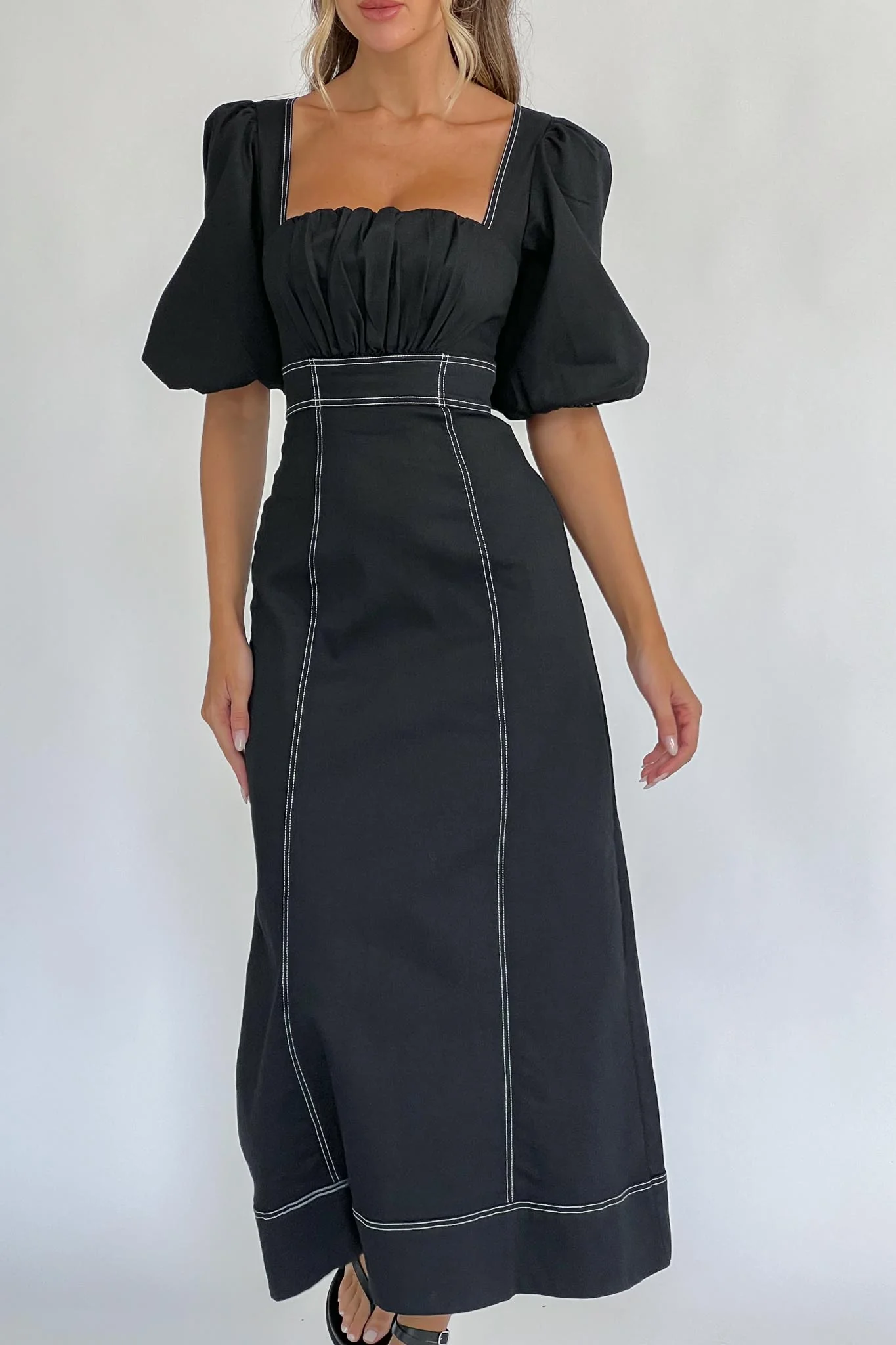 Sibille Puff Sleeve Contrast Stitch Dress Black