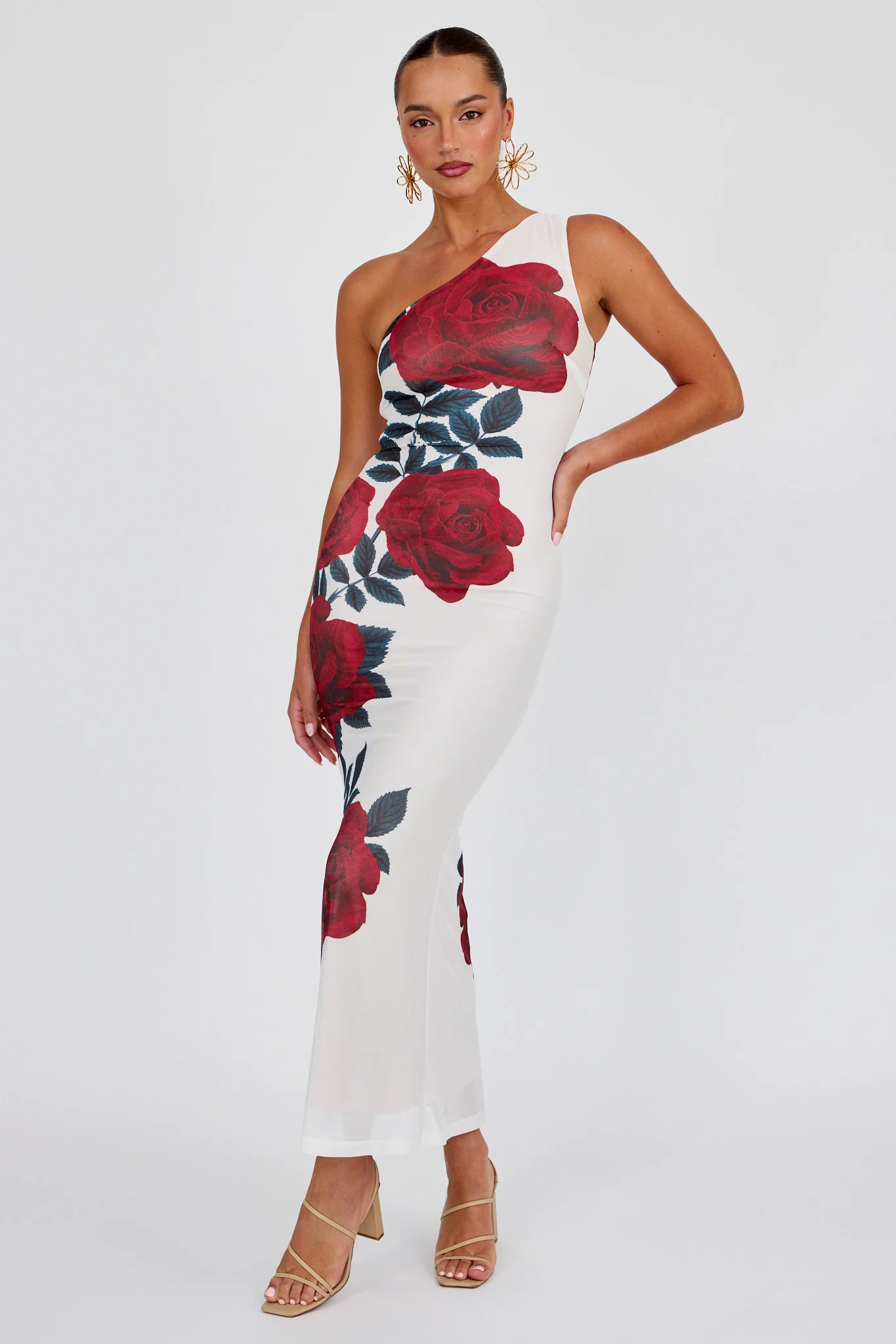 Desiree One Shoulder Mesh Maxi Dres Rose