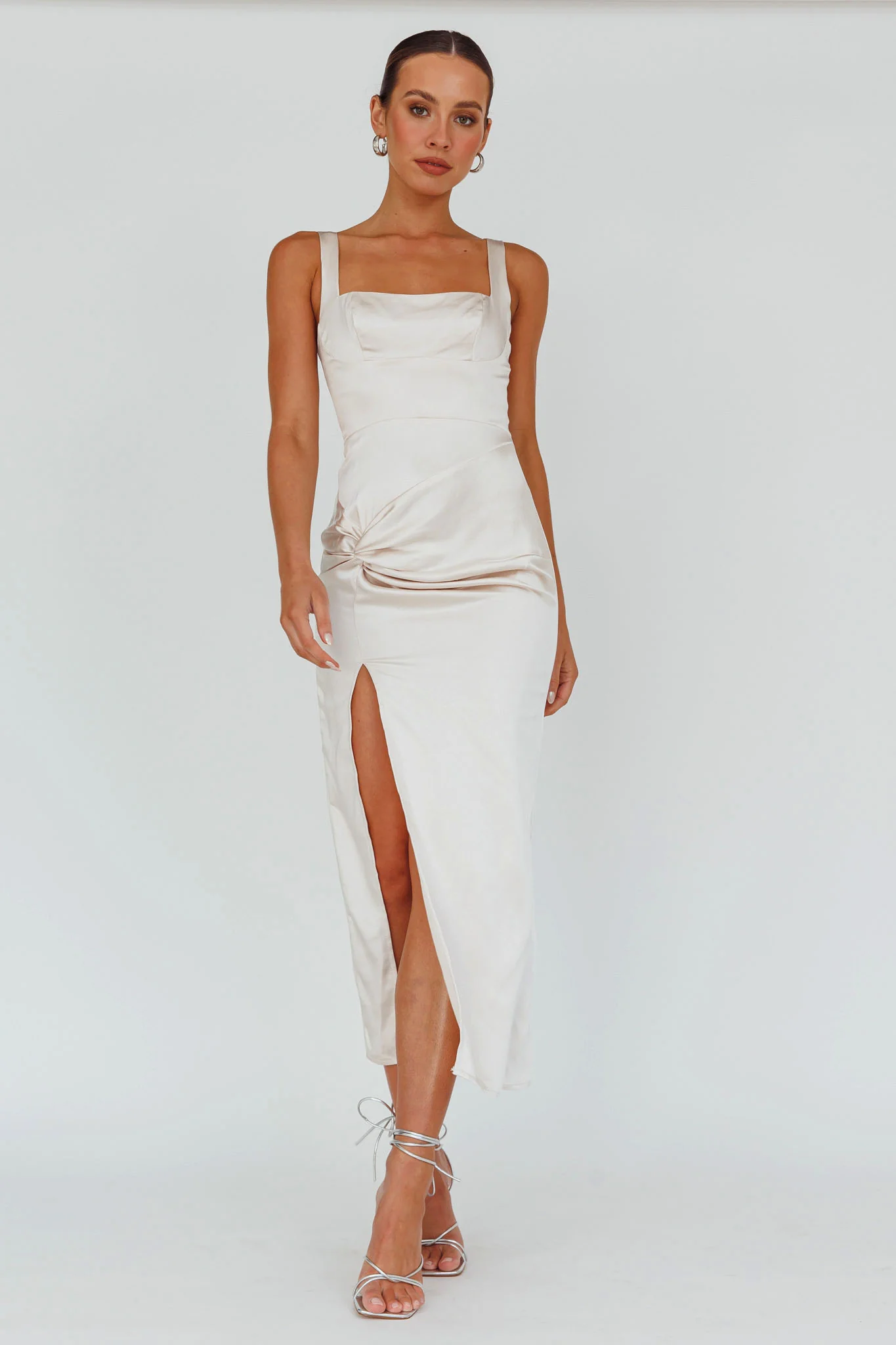 Kristin Knotted Waist Split Midi Dress Champagne