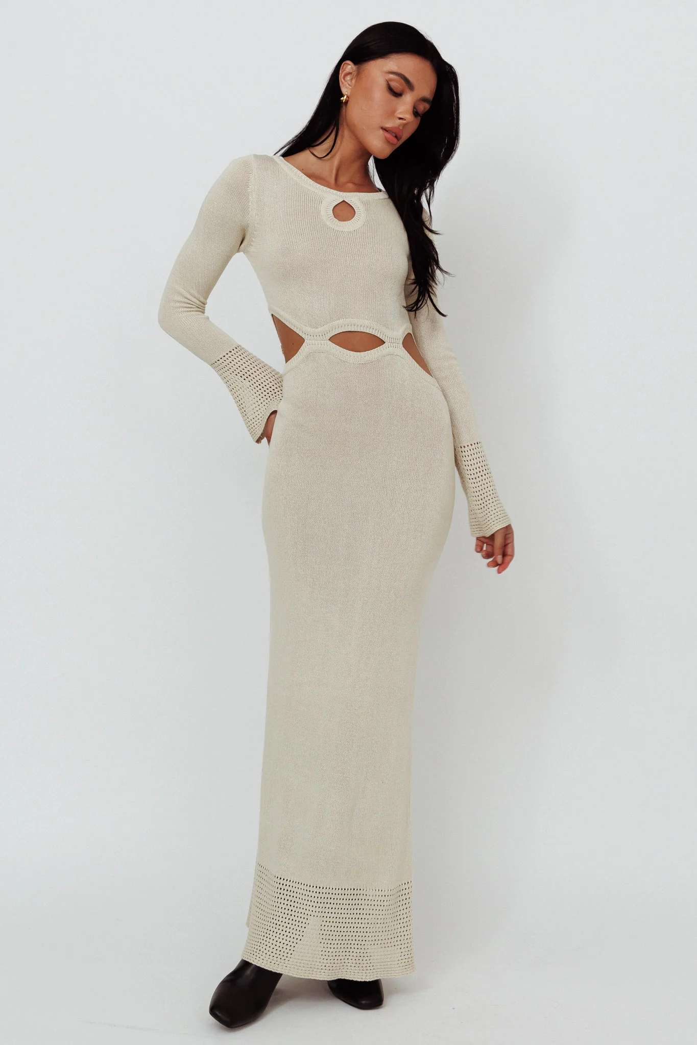 Java Long Sleeve Cut-Out Knit Maxi Dress Coconut