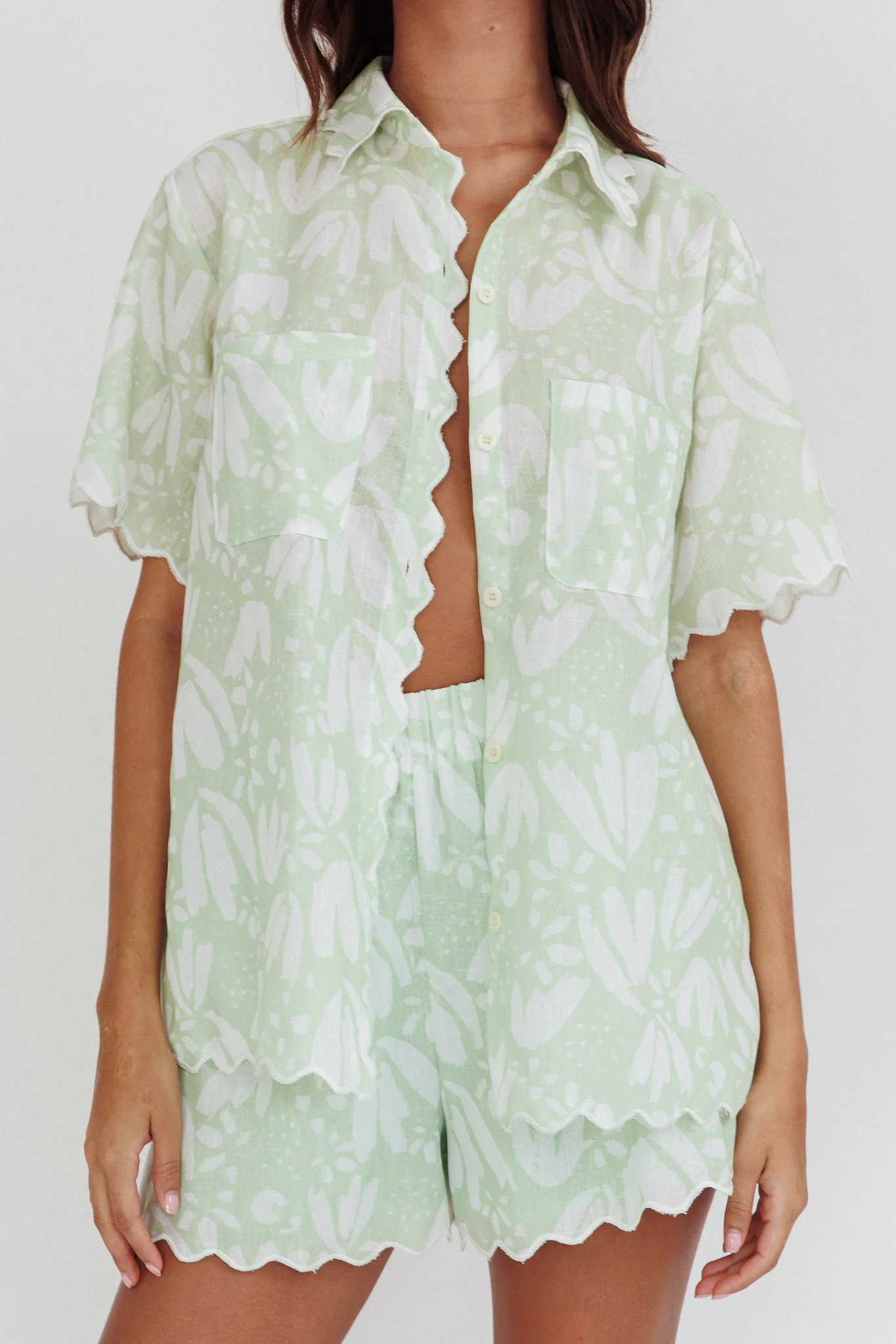 Swing Of Things Scalloped Edge Shirt Print Sage